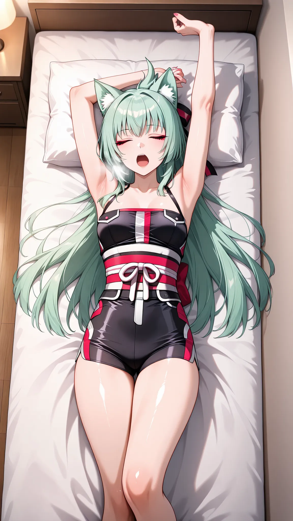 solo, kanzaki_saya,  long hair, mature woman, Tight waist、Small waist、small breasts, shiny Skin , (dgrbst, animal ears), upper body, light smile, lying on the bed,shoot from above, Living room,bed,lying,Breathe,half-open mouth,Yawning,Stretching out,