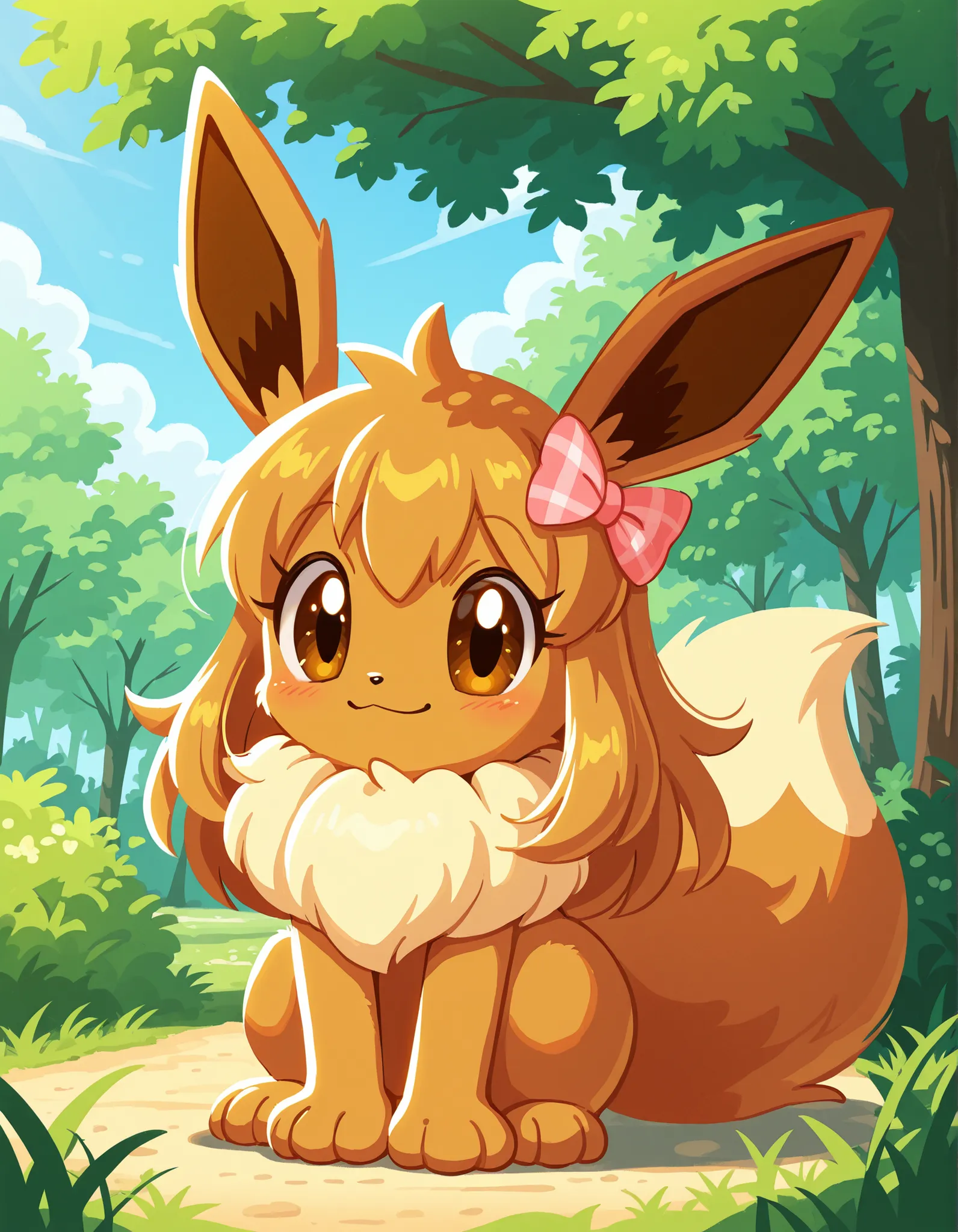 sonicchann3l,, pokekid, eevee, fluffy girl, furry girl, female, smile, smiling, has a big pretty bow in her hair, has animal paws for hands, 1girl, best quality, outdoors, high definition, cute