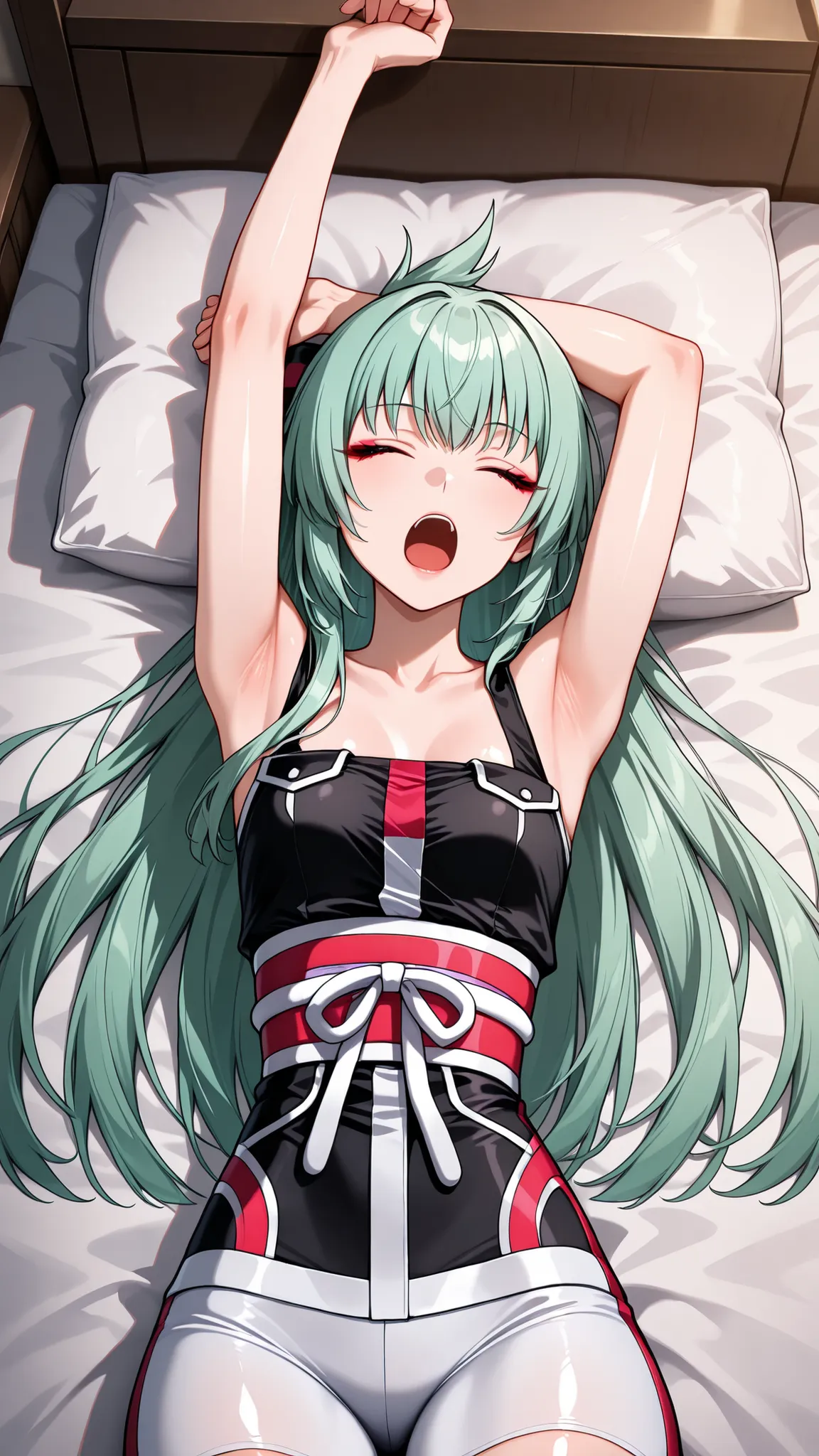solo, kanzaki_saya,  long hair, mature woman, Tight waist、Small waist、small breasts, shiny Skin , upper body, light smile, lying on the bed,shoot from above, Living room,bed,lying,Breathe,half-open mouth,Yawning,Stretching out,