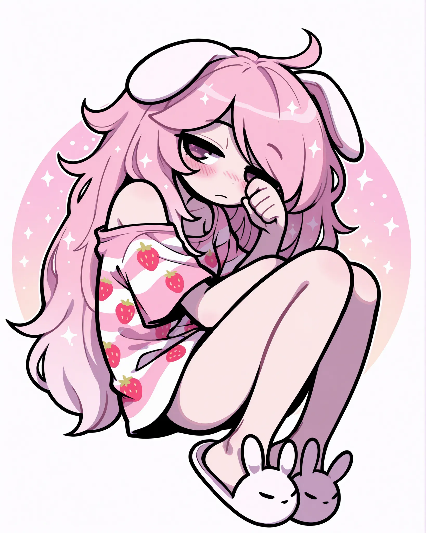 fetal_position,CartoonyIllustrious,anime girl just woke up, kemonomimi bunny girl, messy long hair, oversized strawberry print shirt falling off one shoulder, sleepy expression, warm lighting, bunny slippers, dreamy shojo style, subtle Y2K pastel tones, wa...