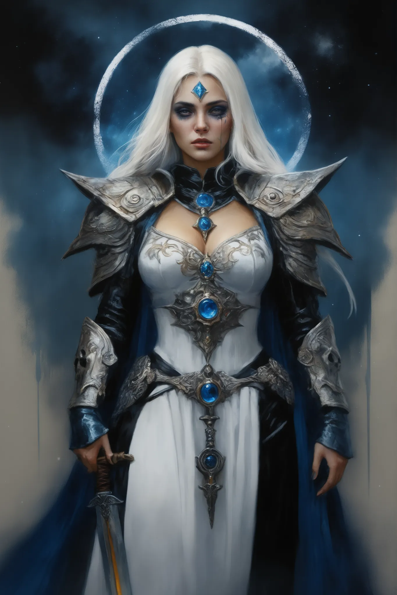 (best quality,4k,8k,highres,masterpiece:1.2),ultra-detailed,(realistic,photorealistic,photo-realistic:1.37),oil painting,colorful,brush strokes,dramatic lighting,horror,skull man warrior,aged paper,aesthetic,dripping ink,gritty texture,dark and moody atmos...