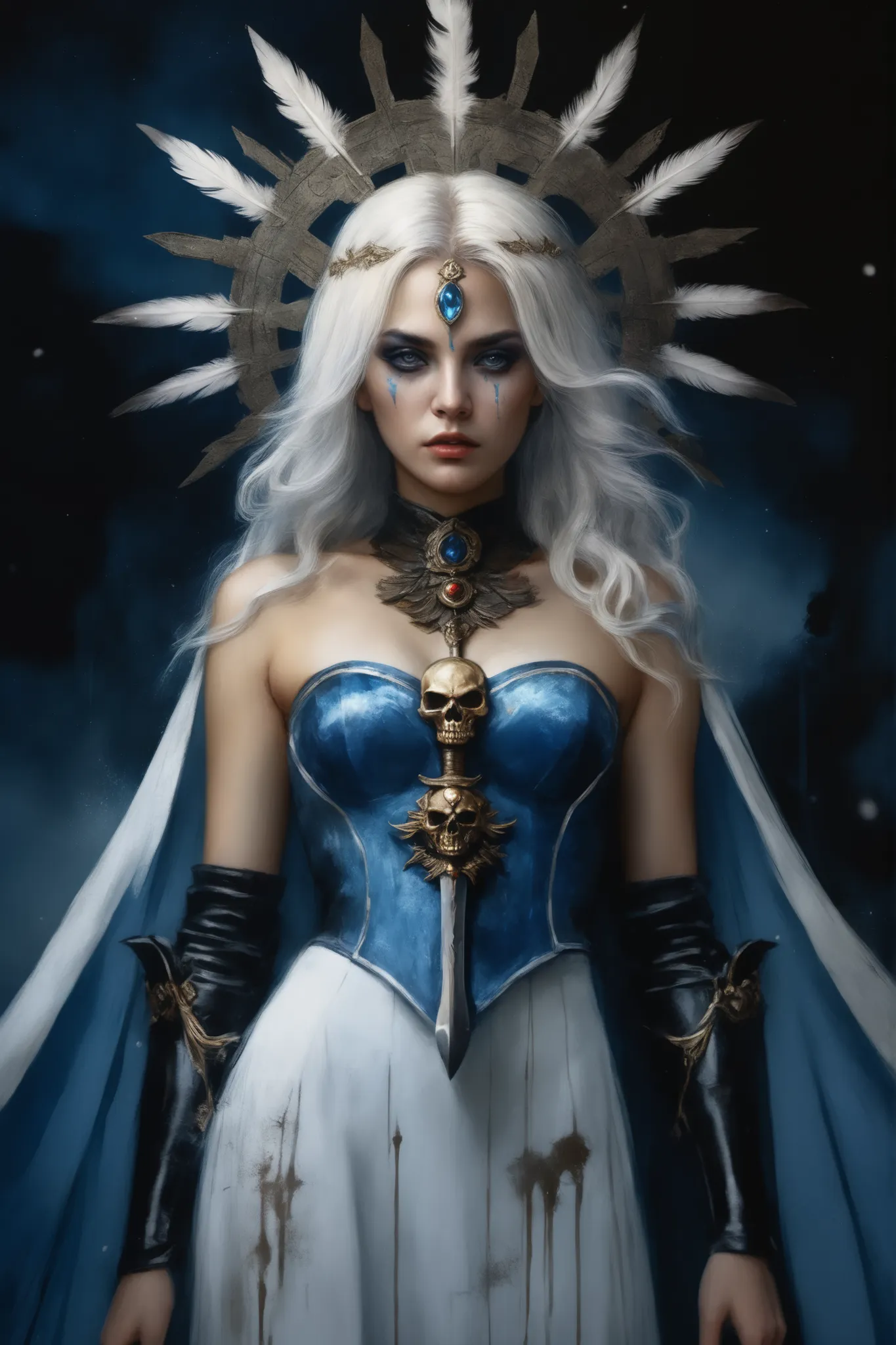 (best quality,4k,8k,highres,masterpiece:1.2),ultra-detailed,(realistic,photorealistic,photo-realistic:1.37),oil painting,colorful,brush strokes,dramatic lighting,horror,skull man warrior,aged paper,aesthetic,dripping ink,gritty texture,dark and moody atmos...