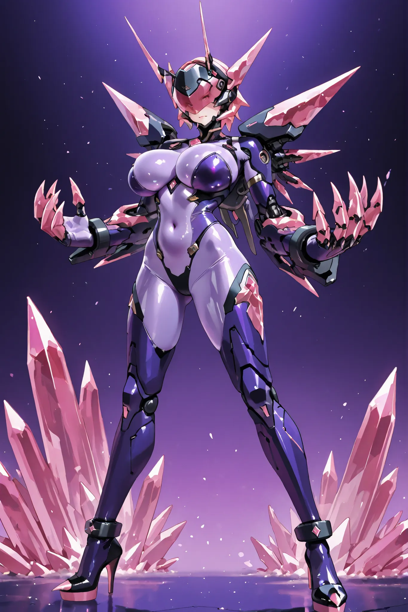 Cyborg girl. Visor with crystals covering her head. Tentacle antennae. Hands growing out of her head. Glossy. Purple bodysuit. Black mechanical bondage costume. Crystal claws. Sharp claws. Pink crystals. Pert breasts. Detailed navel. Sharp high heels. Crys...