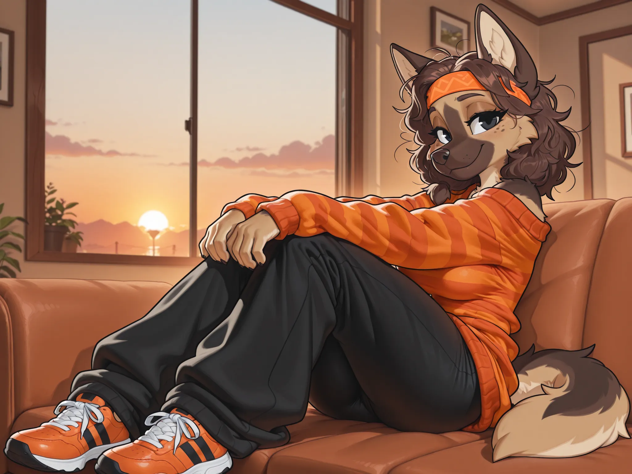 masterpiece, best quality, amazing quality, very aesthetic, high resolution, ultra-detailed, absurdres, newest, scenery, 1girl, dog (german shepherd breed), furry female, orange headband, brown hair, medium hair, messy hair, (19-year-old woman), closed mou...