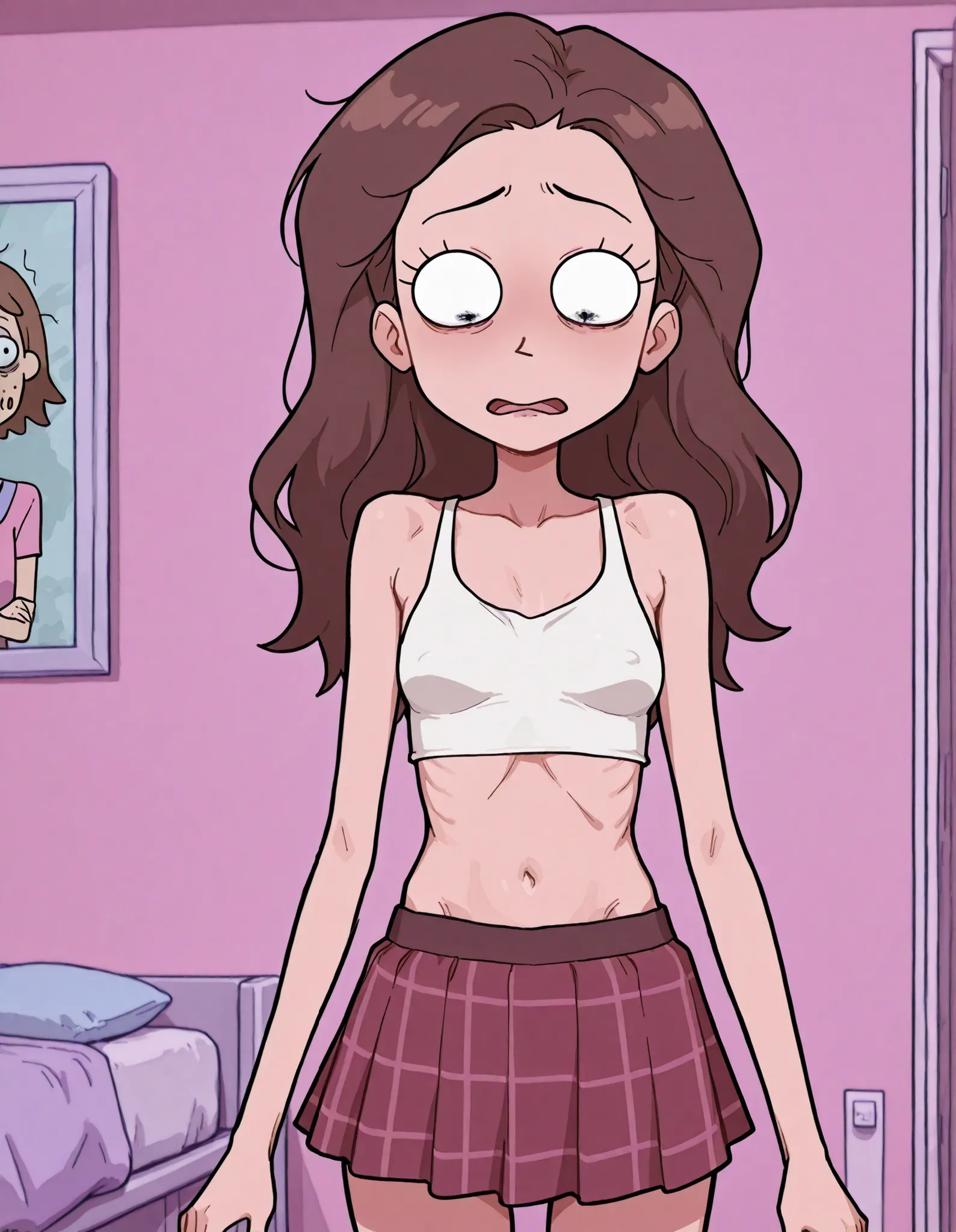 Rick and morty artstyle, 1 girl, Tricia Lange completely flat chested and extremely skinny, her ribs are showing, hip bones, tiny flat breasts, dark long thinning brown hair, loose fitting white tanktop midriff, short plaid skirt, busty, looking down at he...