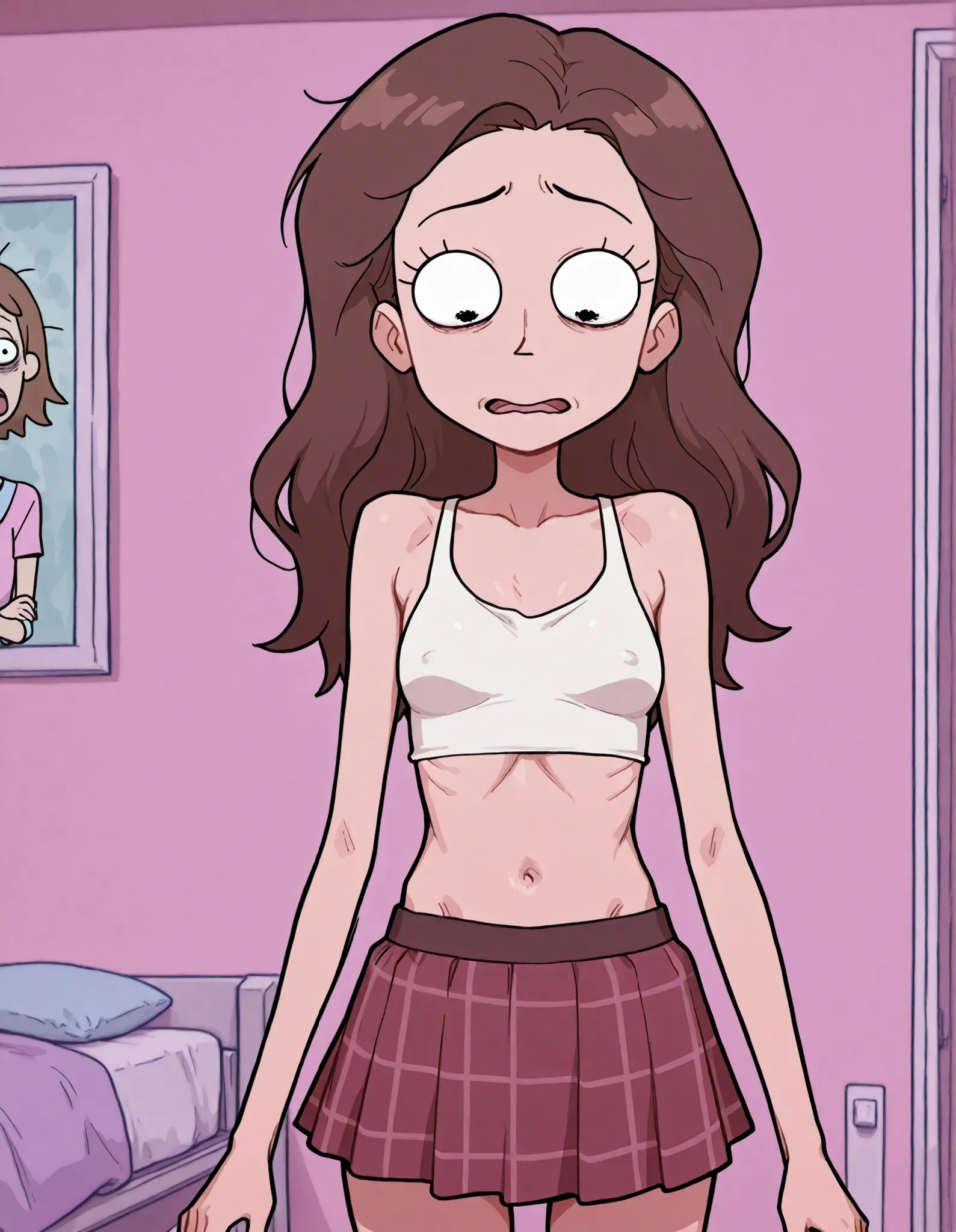Rick and morty artstyle, 1 girl, Tricia Lange completely flat chested and extremely skinny, her ribs are showing, hip bones, tiny flat breasts, dark long thinning brown hair, loose fitting white tanktop midriff, short plaid skirt, busty, looking down at he...
