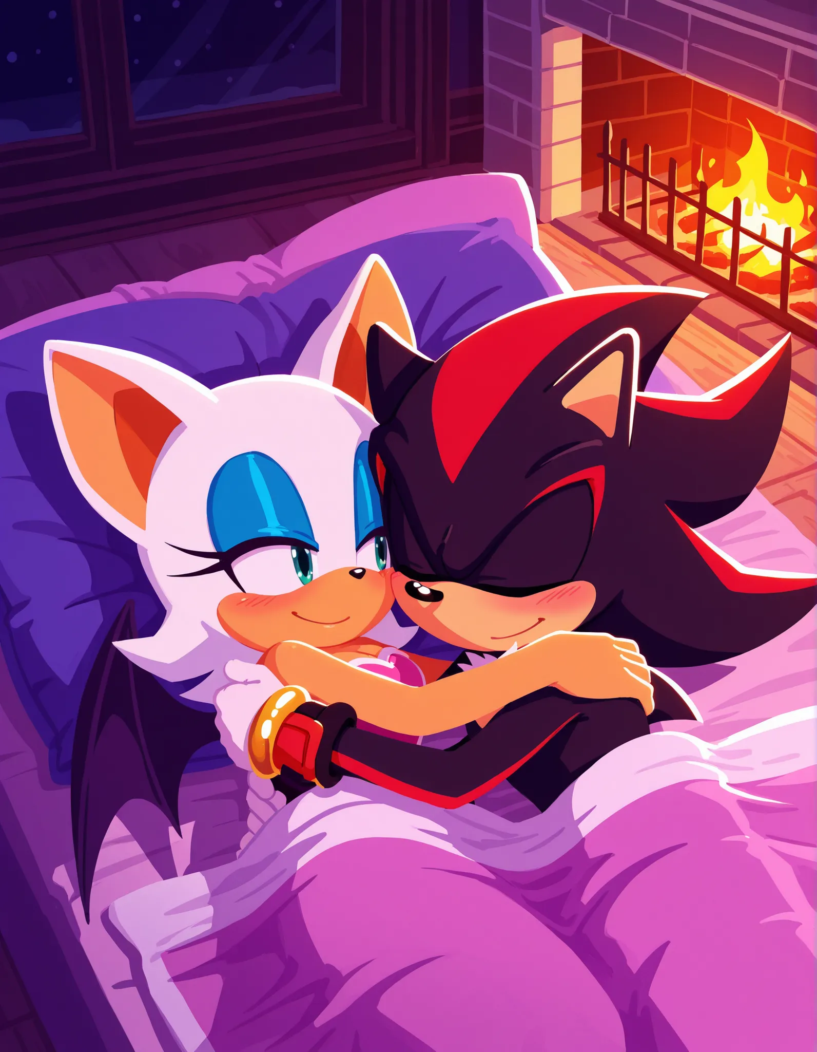 indoors, dark room, fireplace, from above, sonic (series),  sonicchann3l, sonic (series), 1girl, 1boy, rouge the bat, orange fur, bat wings, cuddling, shadow the hedgehog, black fur, heads together, bean bag chair, hug, looking at another, blush, smile, on...