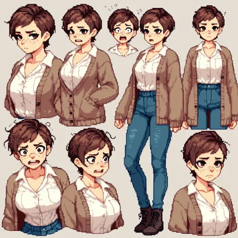 Full body character sheet, 1 female, slicked back hair, scared expression, short hair, brown hair, pixie cut hair, brown eyes, very muscular body, butch body type,white button up shirt, long cardigan, jeans, large chest, soldier build body, roman nose, fre...