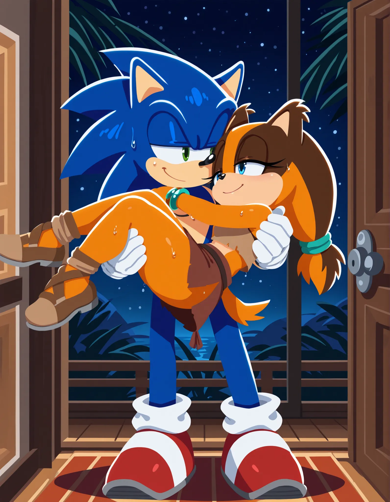 sonic (series), sonicchann3l, no lineart, sonic (series), (1boy, sonic the hedgehog, blue fur, ) indoors, door,  (1girl, sticks the jungle badger, brown crop top, brown skirt, animal nose, hair ties, midriff, necklace, skirt, bracelet, jewelry, thick thigh...
