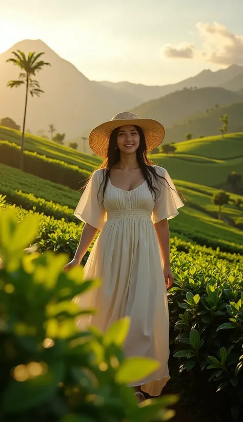 A beautiful teenage girl walking through lush green tea plantations under golden sunlight, wearing a flowy white dress and a sunhat, smiling peacefully, surrounded by misty hills of Sri Lanka, cinematic lighting, dramatic atmosphere, vibrant colours, intri...