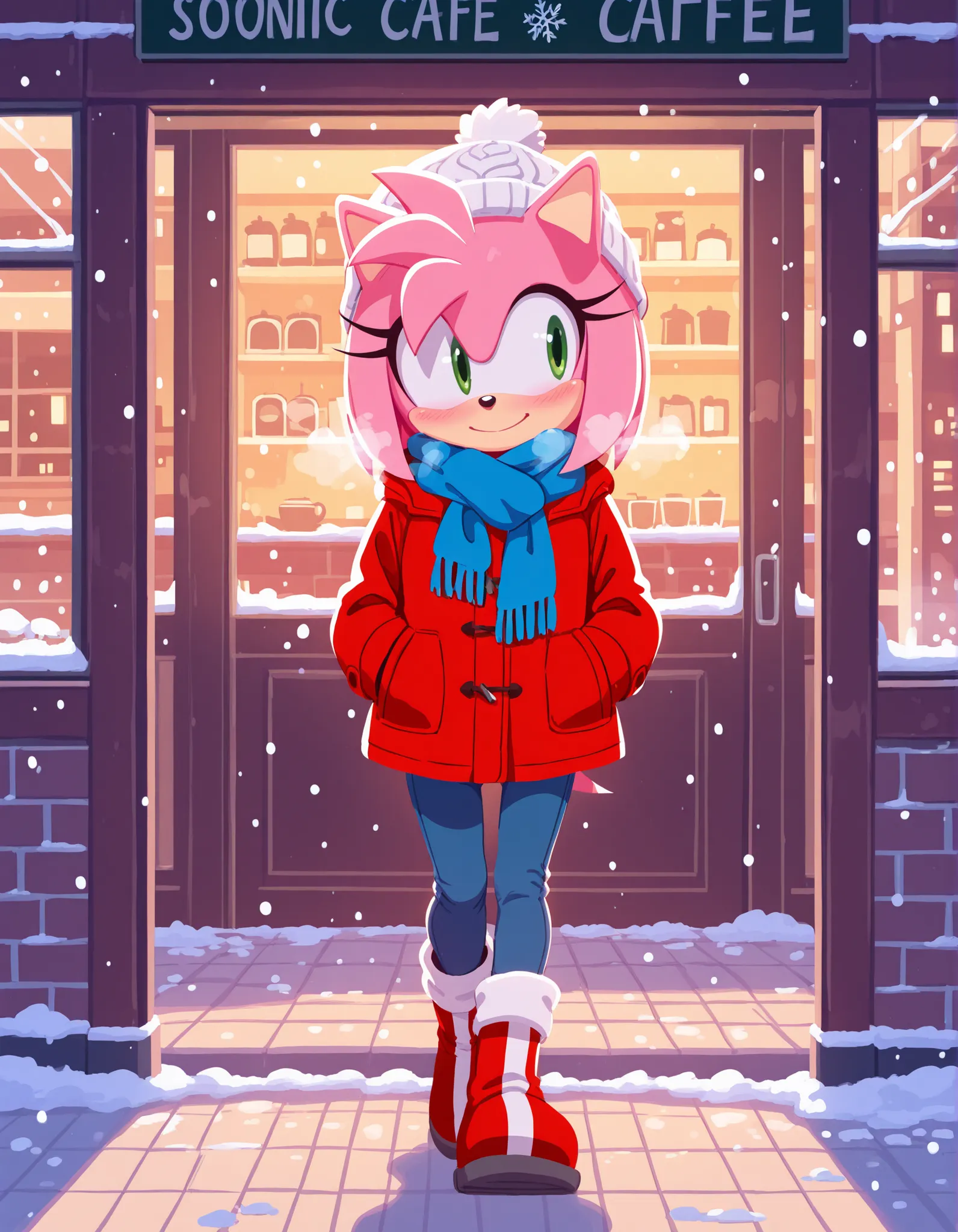 masterpiece, best quality, amazing quality, very aesthetic, absurdres, sonic (series), solo, sonicchann3l, Amy Rose, petite, blush, smile, breath, red parka, blue scarf, jeans, red boots, white knit hat, hands in coat pockets, walking, snowflakes, snowing,...
