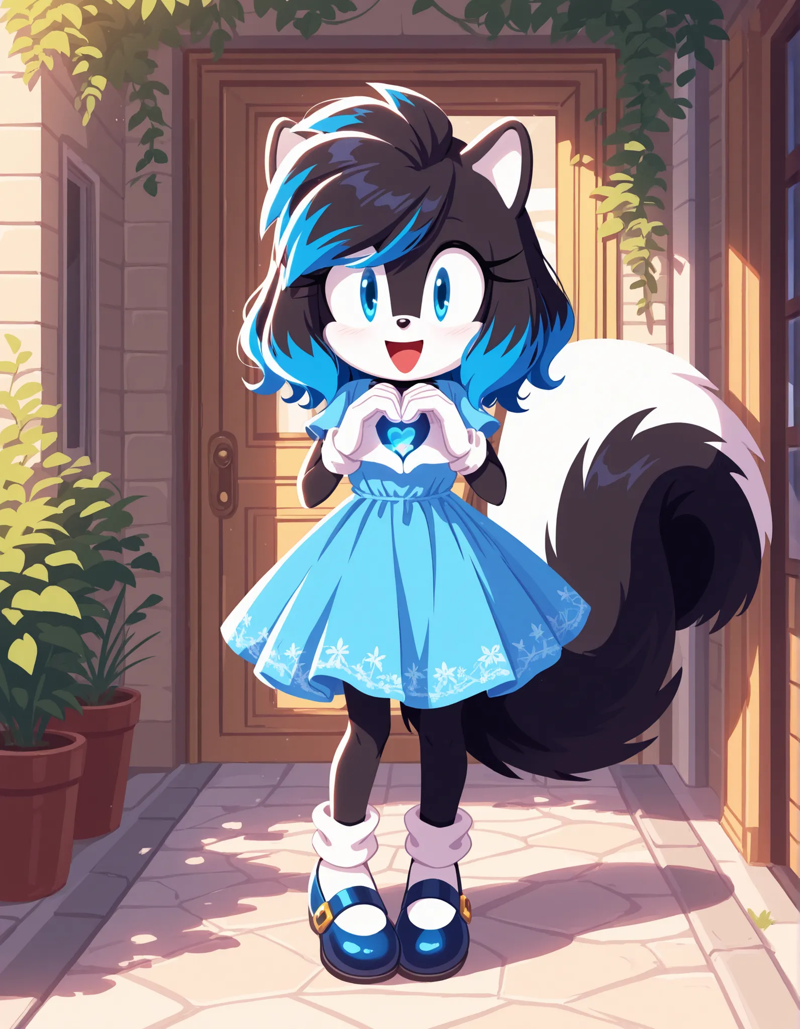 masterpiece, best quality, amazing quality, very aesthetic, absurdres, scenery, high resolution, sonic (series), sonicchann3l, flatsc, solo, female, Skunk, black body fur, black hair, large swept bangs, medium hair, wavy hair, blue highlights, blue highlig...