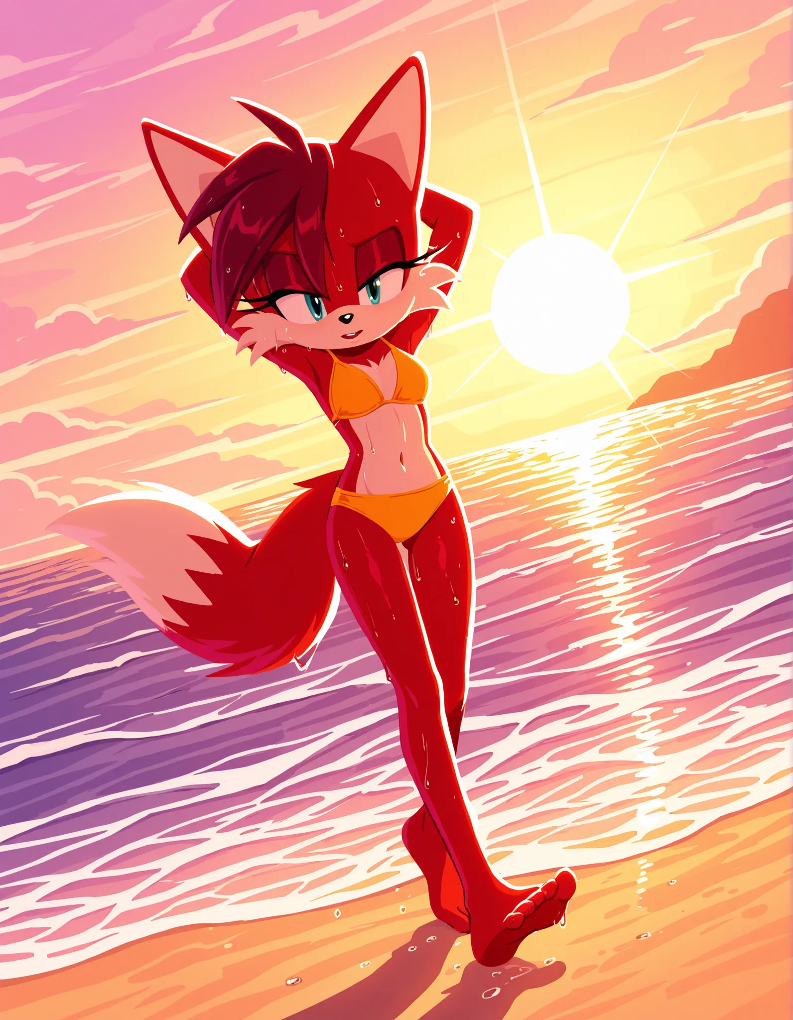 sonic (series), 1girl, solo,  fiona fox, red fur, dark red hair, yellow bikini, very sweaty, fox tail, looking at viewer,  sonicchann3l, walking, beach, sunlight, full body, arms up, dutch angle, barefoot, red feet