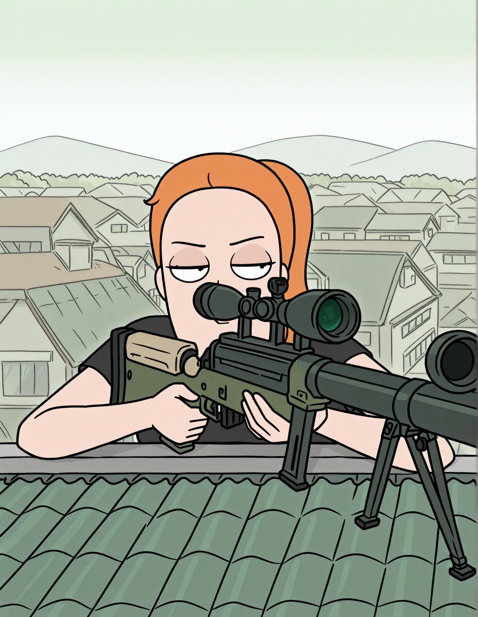 1 girl, Summer Smith with a sniper rifle, orange hair,  she is laying prone on a rooftop aiming, suburban background,  black clothes, 
