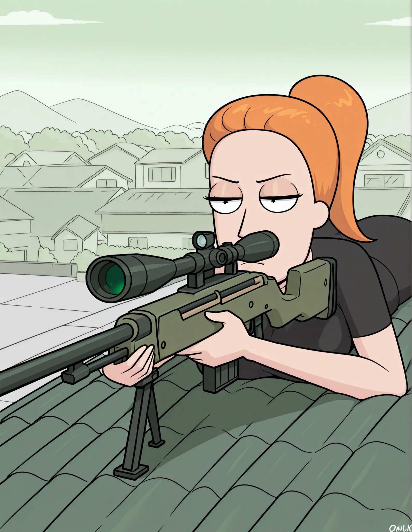 1 girl, Summer Smith with a sniper rifle, orange hair,  she is laying prone on a rooftop aiming, suburban background,  black clothes, 