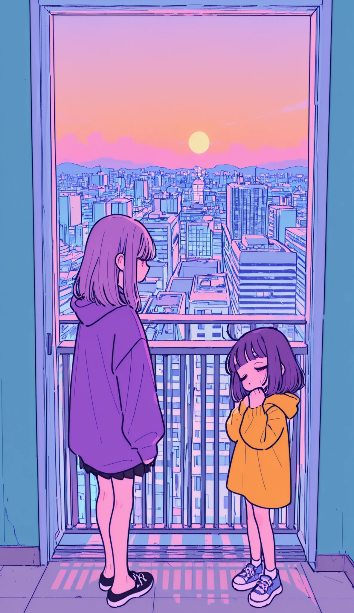 Sleepy Neighbor Sister, de perfil, full body, bolhas do sonho, It's on a tall balcony in an apartment, deitada em uma rede, View of the city below, ao fundo por do sol, crepusculo, noite, luzes da cidade