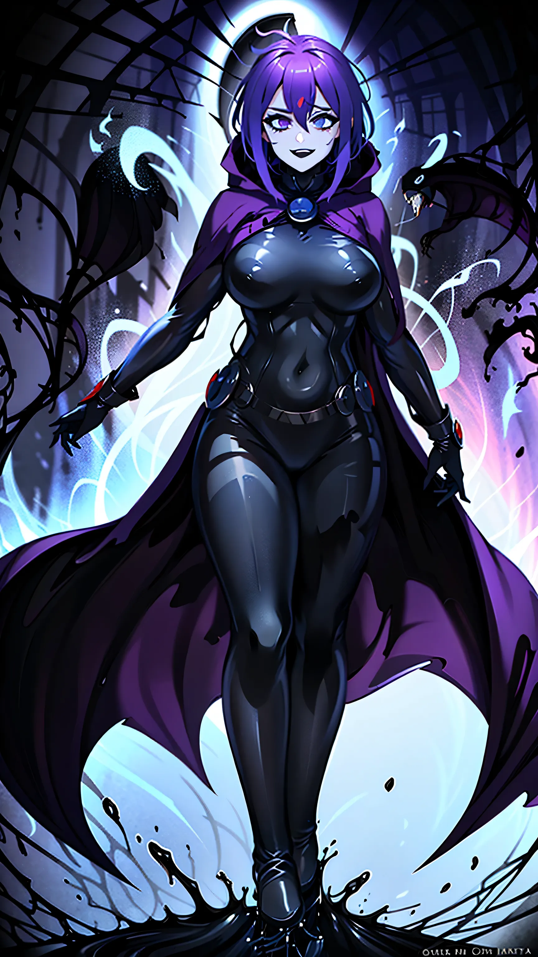 ((photo by full body, standing, Feet on the ground))illustration of Raven from DC Comics, 1 girl, Raven, high collar, collant preto, black cloack, hooded cloak, cabelo roxo, testa jeauel, purples eyes, shorth hair, waist belt, stretched skin, standing, nec...