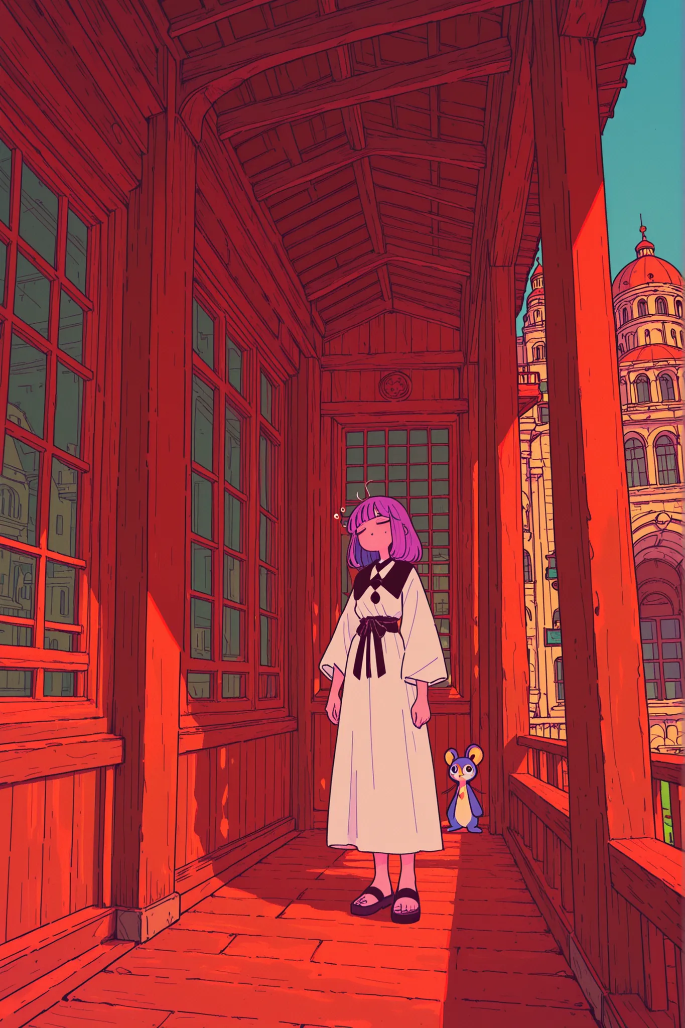 Sleepy Neighbor Sister, de perfil, full body, bolhas do sonho, is on a tall porch, View of the city below, ao fundo por do sol, crepusculo, noite, luzes da cidade