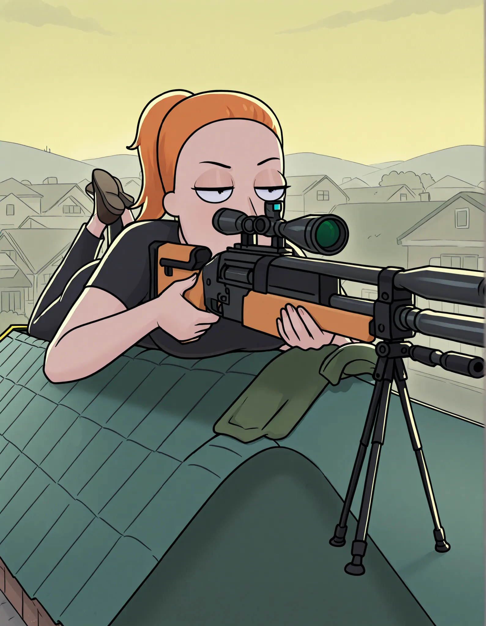 1 girl, Summer Smith shooting a sniper rifle, orange hair,  she is laying prone on a rooftop aiming, suburban background,  black clothes, a yellow energy bolt is shooting from the tip kf the rifle