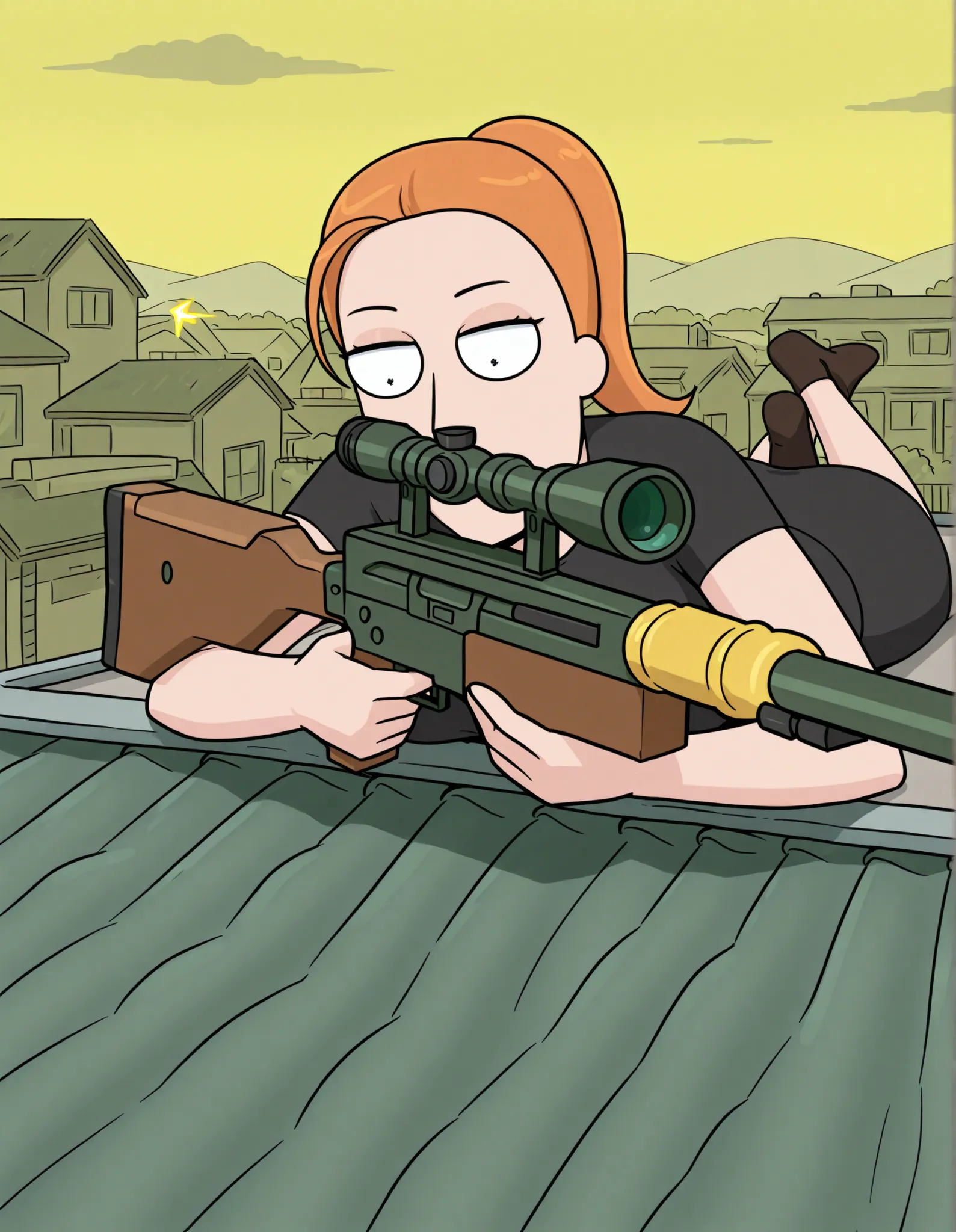 1 girl, Summer Smith shooting a sniper rifle, orange hair,  she is laying prone on a rooftop aiming, suburban background,  black clothes, a yellow energy bolt is shooting from the tip kf the rifle