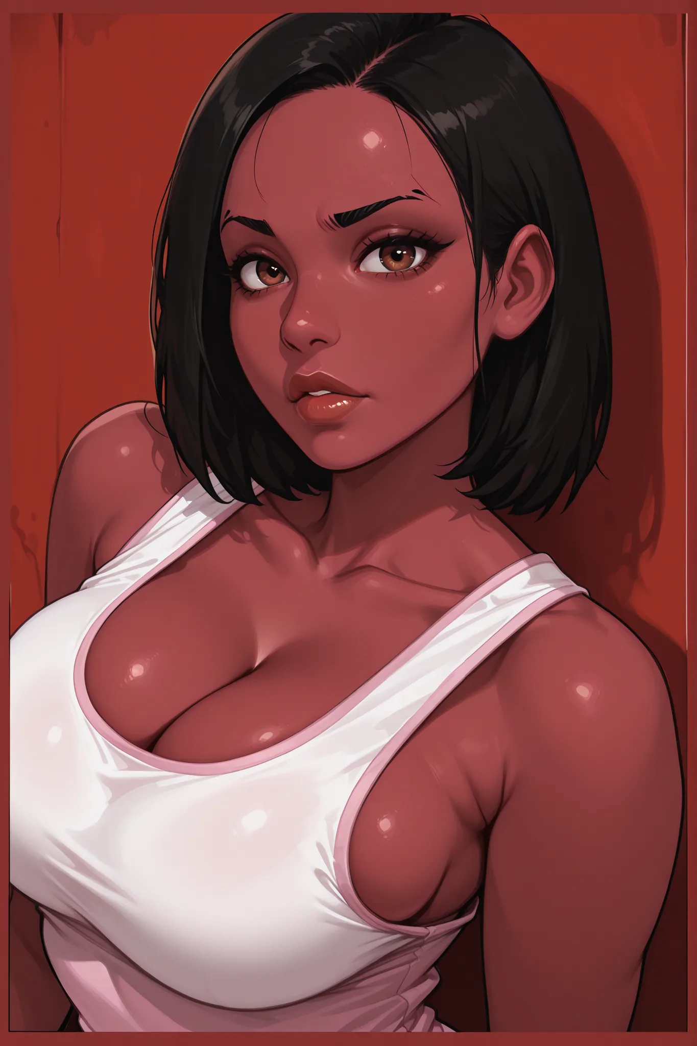 Perfect Face, (Female African, Colored Skin, Face Brown), Black Hair, Short Hair, (Forehead), Black Thin Eyebrows, Brown Eyes, Lips Without Makeup, Collarbone, Cleavage, Perfect Cleavage, (Large Breasts, Perfect Breasts), (White Tank Top, Pink Tank Top), B...