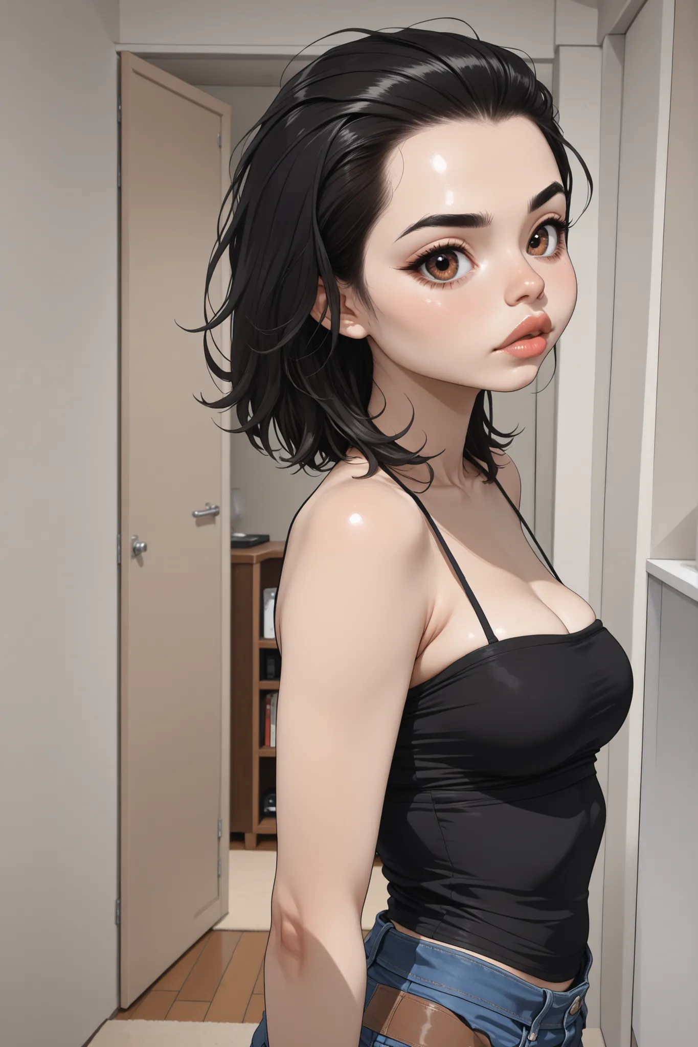 (small living room), perfect body, perfect face, ((medium hair)), ((slicked back hair)), black hair, black eyebrows, (thin eyebrows), brown eyes, black eyeliners, nose, (thick lips), (female beautiful), medium breasts, (tube top), (black tube top), (blue j...