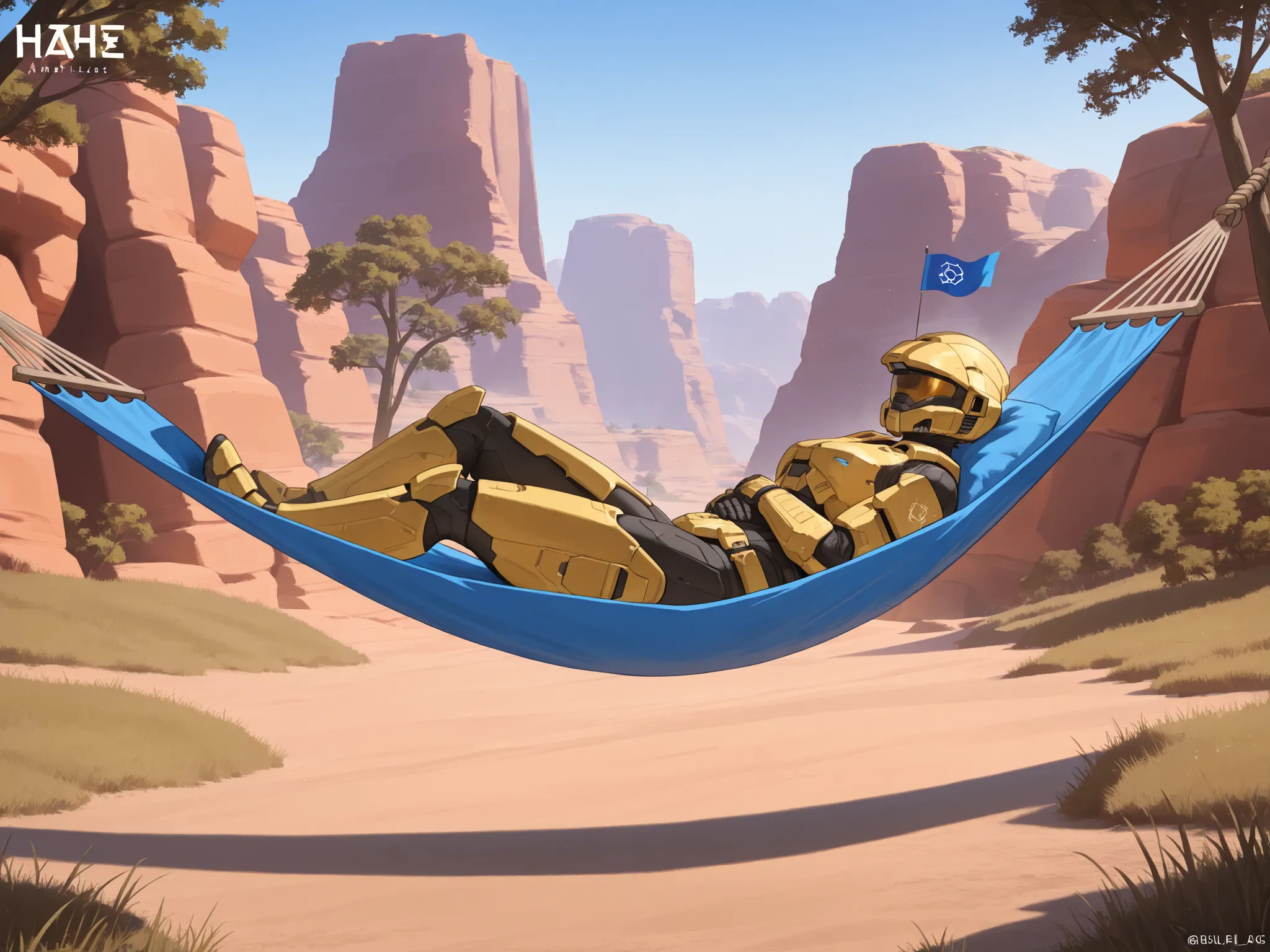 (halo\), spartan armor, female, yellow armor, laying in a hammock, napping, by a blue flag, in a box canyon, grass, trees, a single round metal sci-fi building, blue_base, 