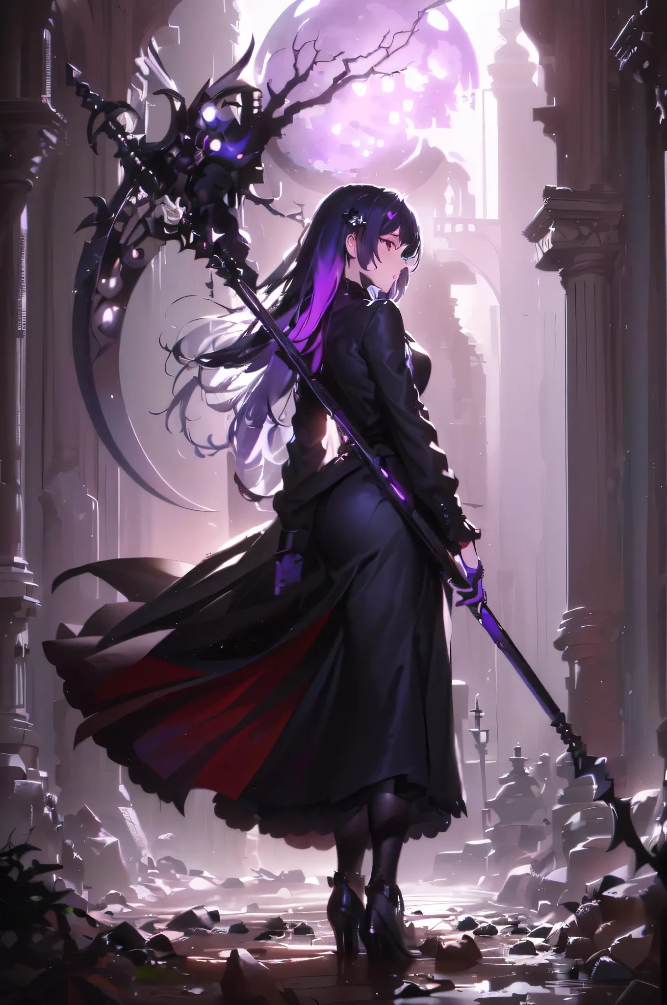 ((photo by full body, standing, Feet on the ground))illustration of Raven from DC Comics, 1 girl, Raven, high collar, collant preto, black cloack, hooded cloak, cabelo roxo, testa jeauel, purples eyes, shorth hair, waist belt, stretched skin, standing, nec...