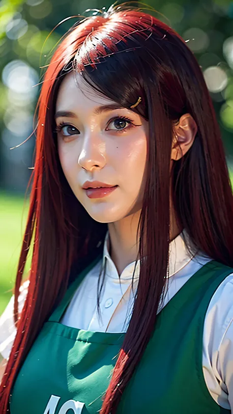 A hyper-realistic portrait of Uzumaki Kushina from Naruto, reimagined in the real world. A stunningly beautiful woman with long, bright red hair that flows naturally and shines under soft lighting. Her skin is smooth and fair, with delicate facial features...