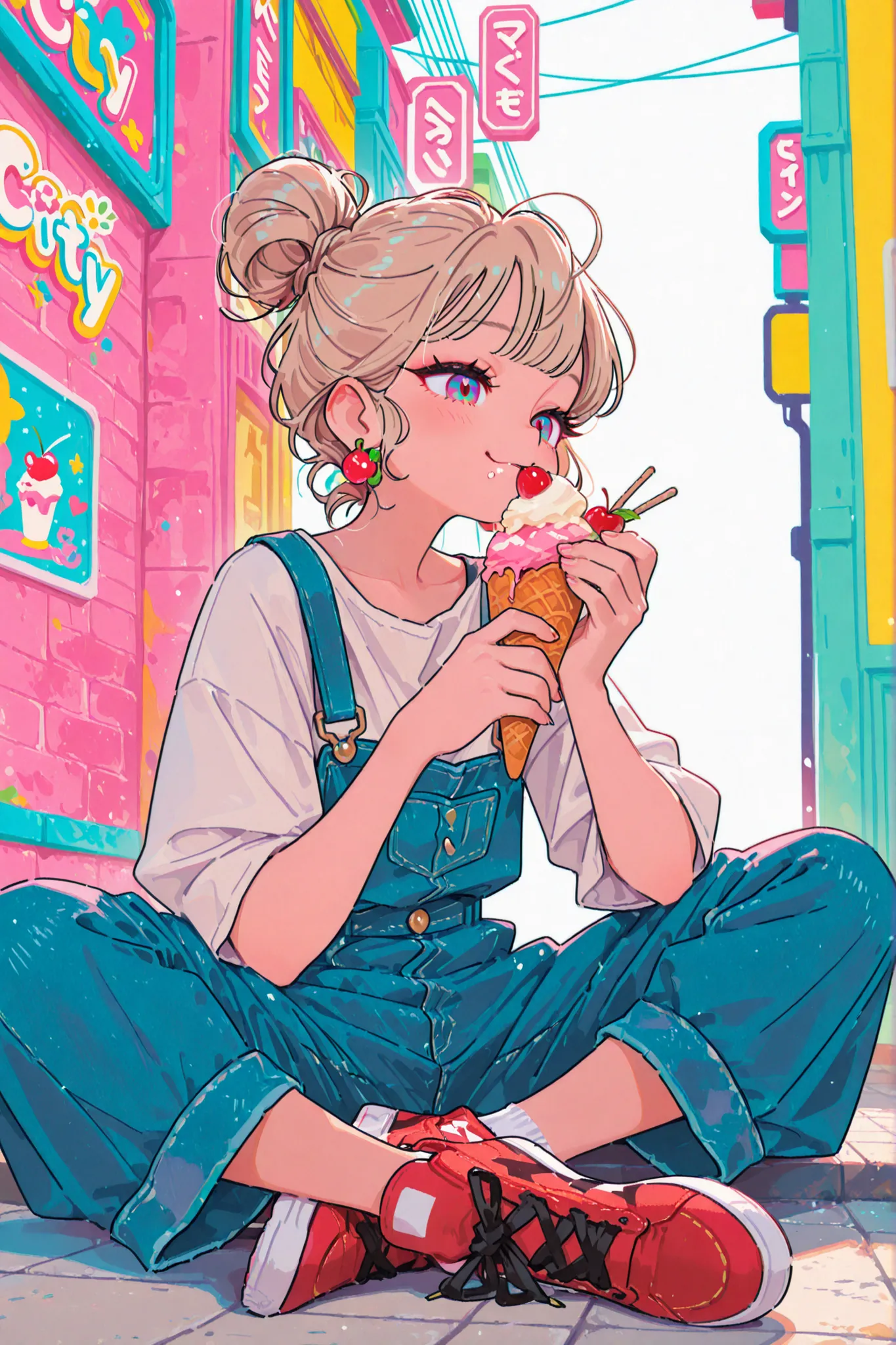 cute girl, eating ice cream, strawberry ice cream, waffle cone, sitting cross-legged, denim overalls, red sneakers, beige hair, top bun hairstyle, cherry earrings, cheerful expression, pop city background, colorful buildings, sunny day, detailed face, soft...