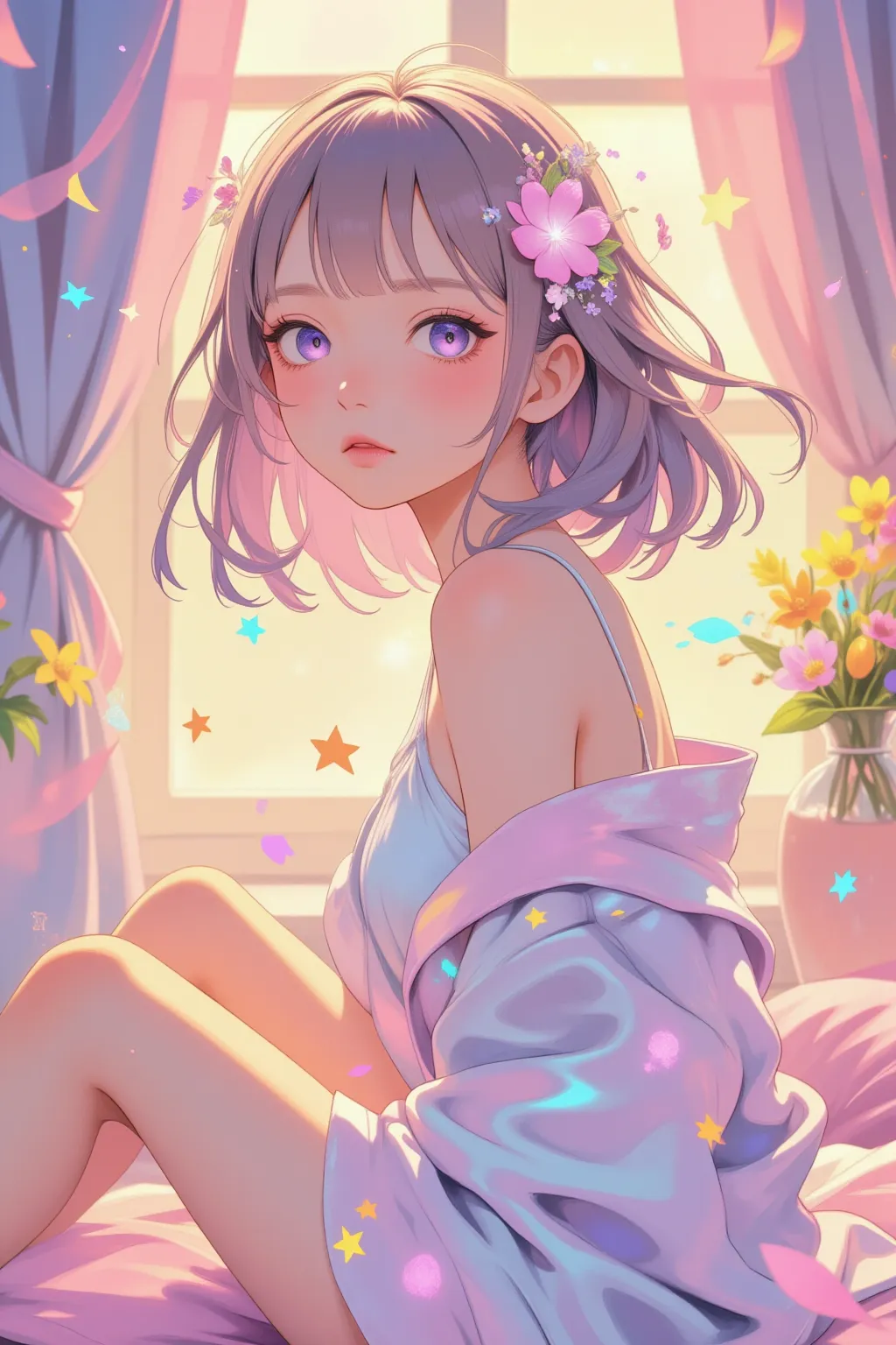 Griffith ,sref12506xx7448471,  Whimsical digital illustration , Cartoon-like, anime style. The overall texture of the painting is smooth, Printed with a clean ,  Clear lines ，, slightly colored, pastel texture,  Creates a gentle , , soothing atmosphere, two-dimensional, beautiful girl，Hair is slightly messy， sleepy ，Wearing loose house pajamas，Light shedding on the shoulders，, confused ，stars floating in the air，Soft morning light shining through the curtains，The room's atmosphere is warm and hazy，Stardust flickers between the hair，There are glowing particles nearby，Dreamy atmosphere，Pink and tender tones，Light and shadow，Fair and delicate skin，Ethereal，anime style, messy hair, sleepy cute girl, soft lighting, magical sparkles, floating stars and petals, pastel tones, morning mood, beautiful delicate face, ultra detail, cinematic light, dreamy atmosphere, ethereal glow, floral mist, ghibli vibes, ribbons, spark particles
