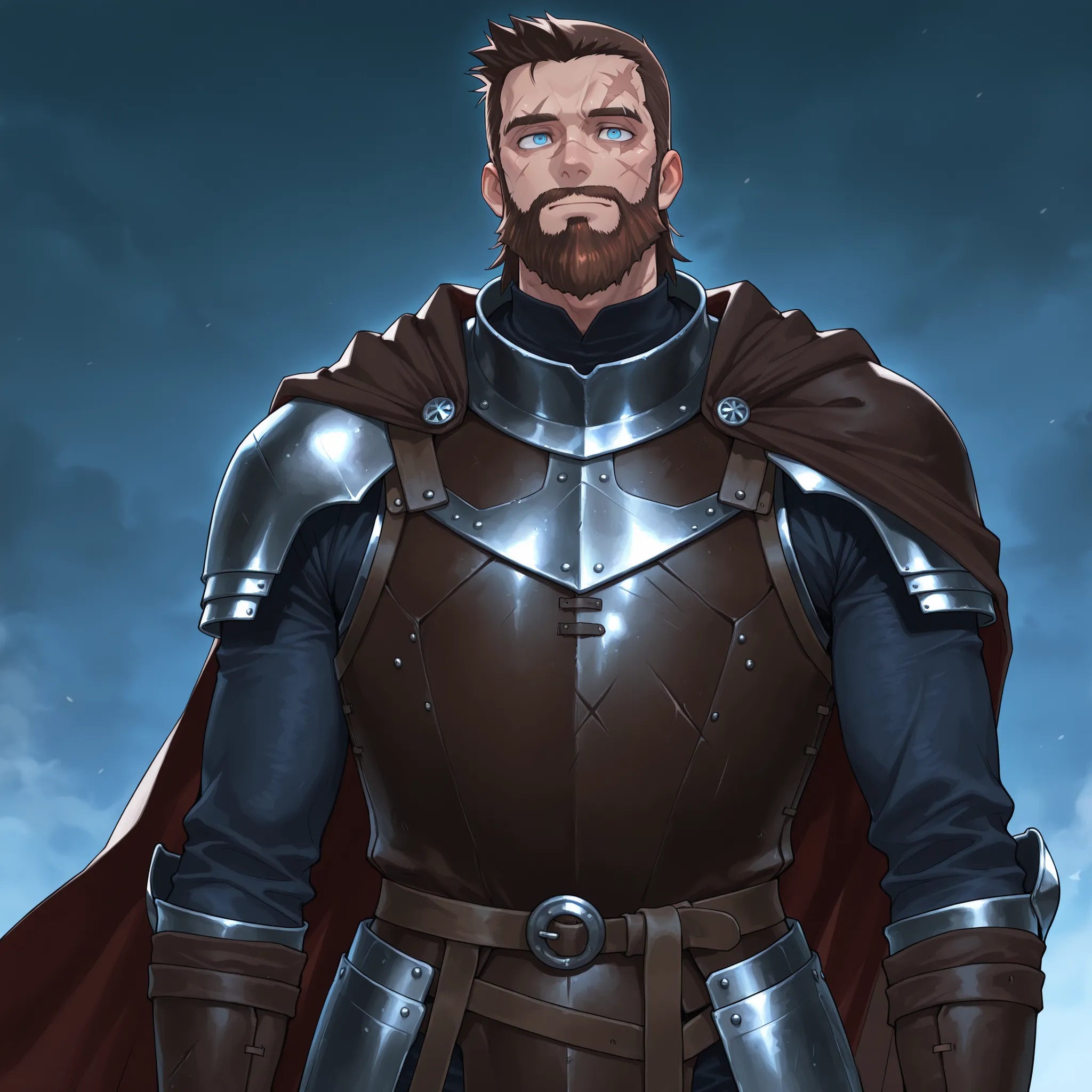 solo, (superhero), (((anime male with short brown hair in dark medieval armor with a cape))), (blue eyes), facial scars, (flat top hair), (full beard), 걸작 , best quality , amazing quality, Very aesthetic, high resolution, best detail, boy, Neat clothes, My...
