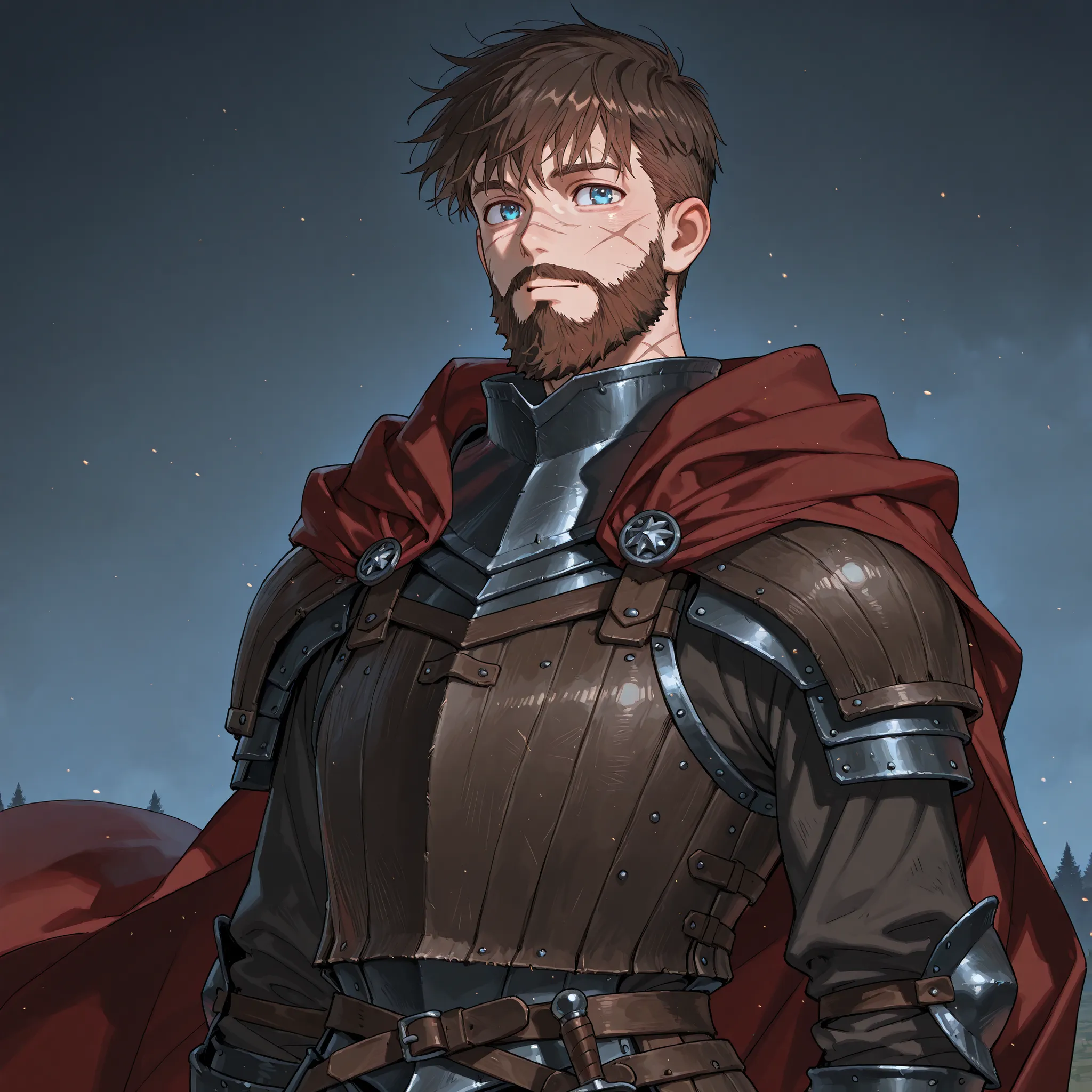 solo, (superhero), (((anime male with short brown hair in dark medieval armor with a cape))), (blue eyes), facial scars, (flat top hair), (full beard), 걸작 , best quality , amazing quality, Very aesthetic, high resolution, best detail, boy, Neat clothes, My...