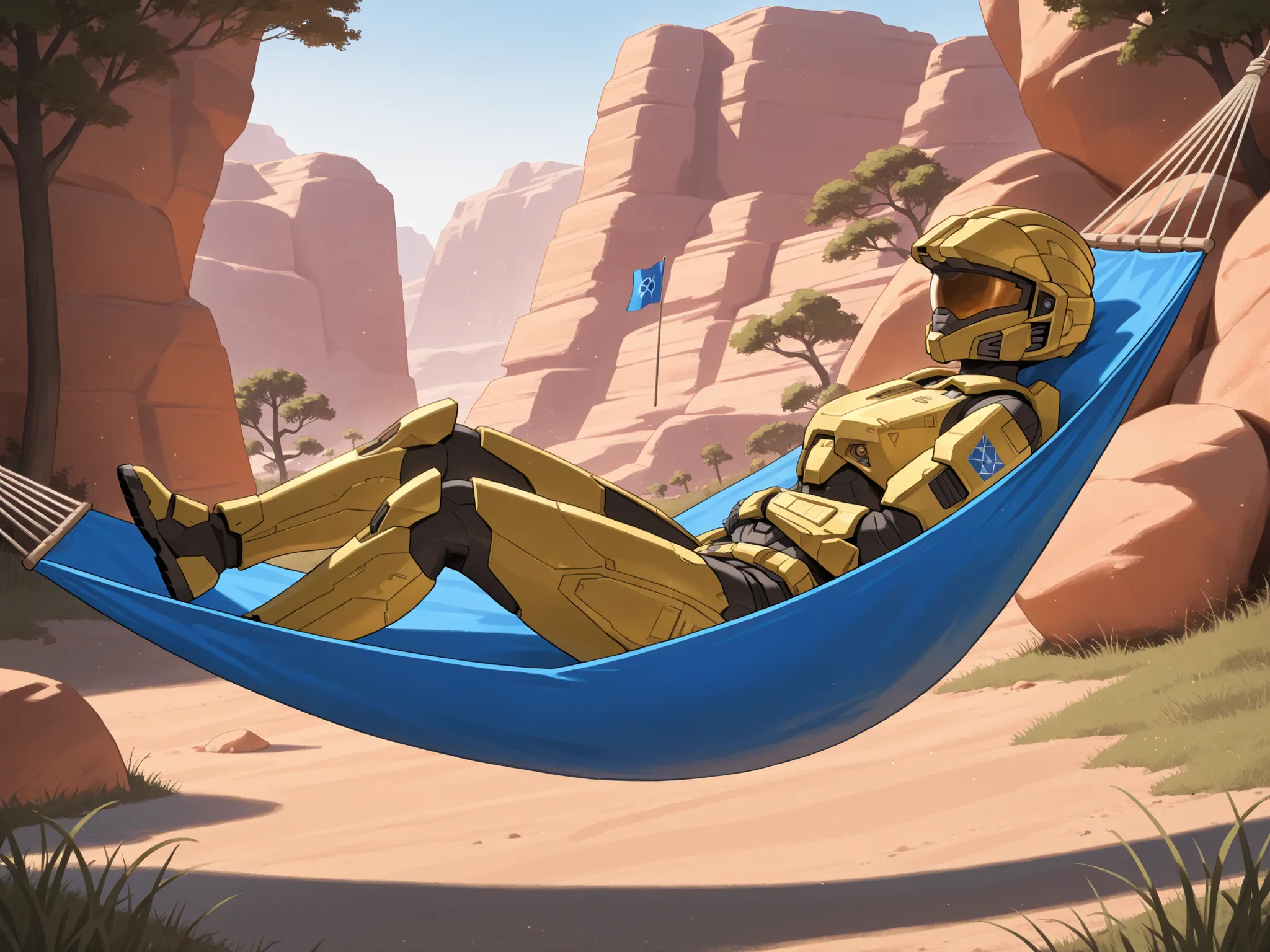 (halo\), spartan armor, female, yellow armor, laying in a hammock, napping, by a blue flag, in a box canyon, grass, trees, a single round metal sci-fi building nearby in the background, blue_base, 