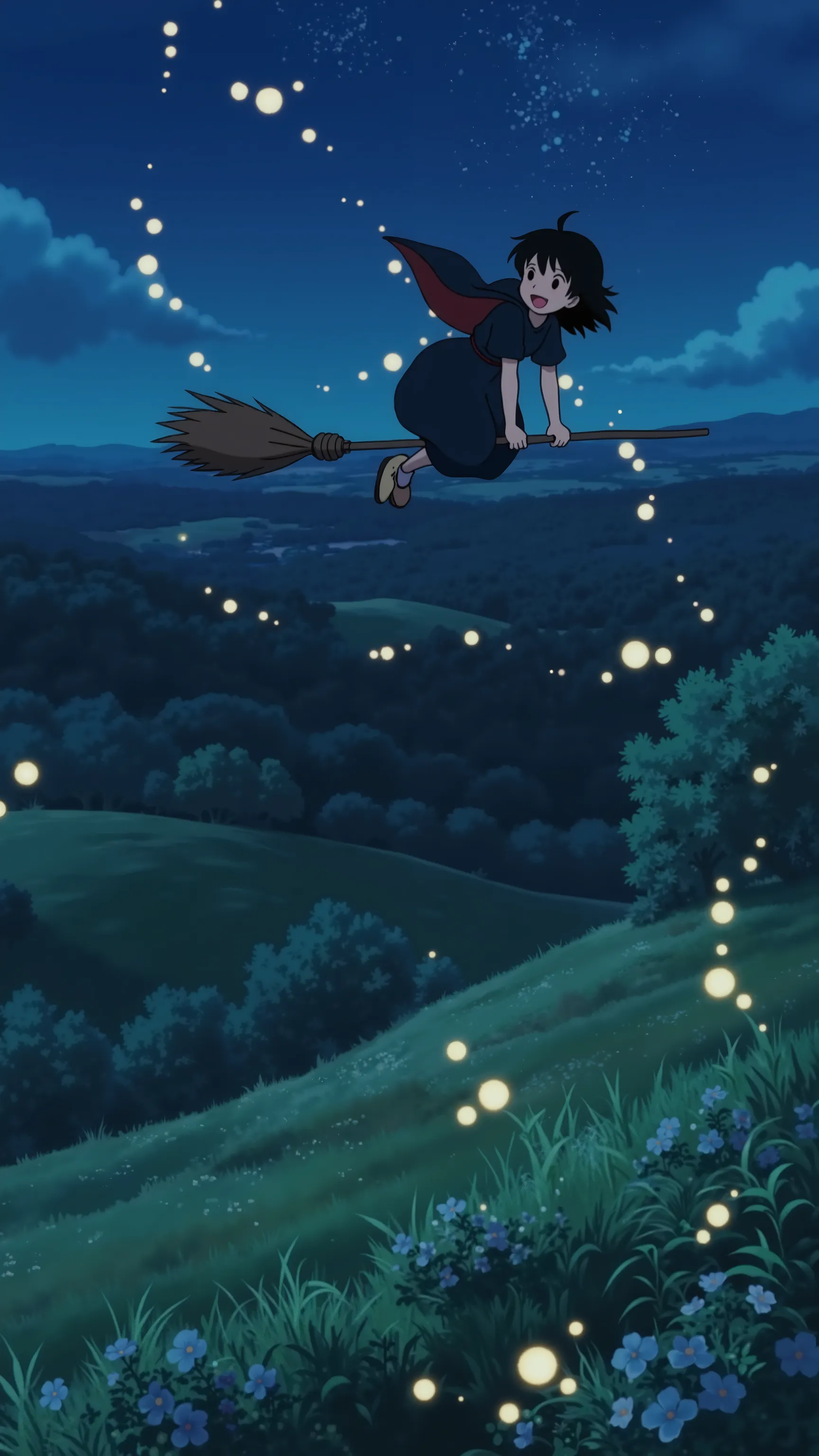 highdefinition image、,  Surrounded by Fireflies .Kiki rides a broom and takes off、Studio Ghibli