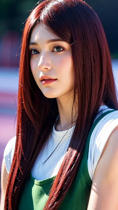 A hyper-realistic portrait of Uzumaki Kushina from Naruto, reimagined in the real world. A stunningly beautiful woman with long, bright red hair that flows naturally and shines under soft lighting. Her skin is smooth and fair, with delicate facial features...
