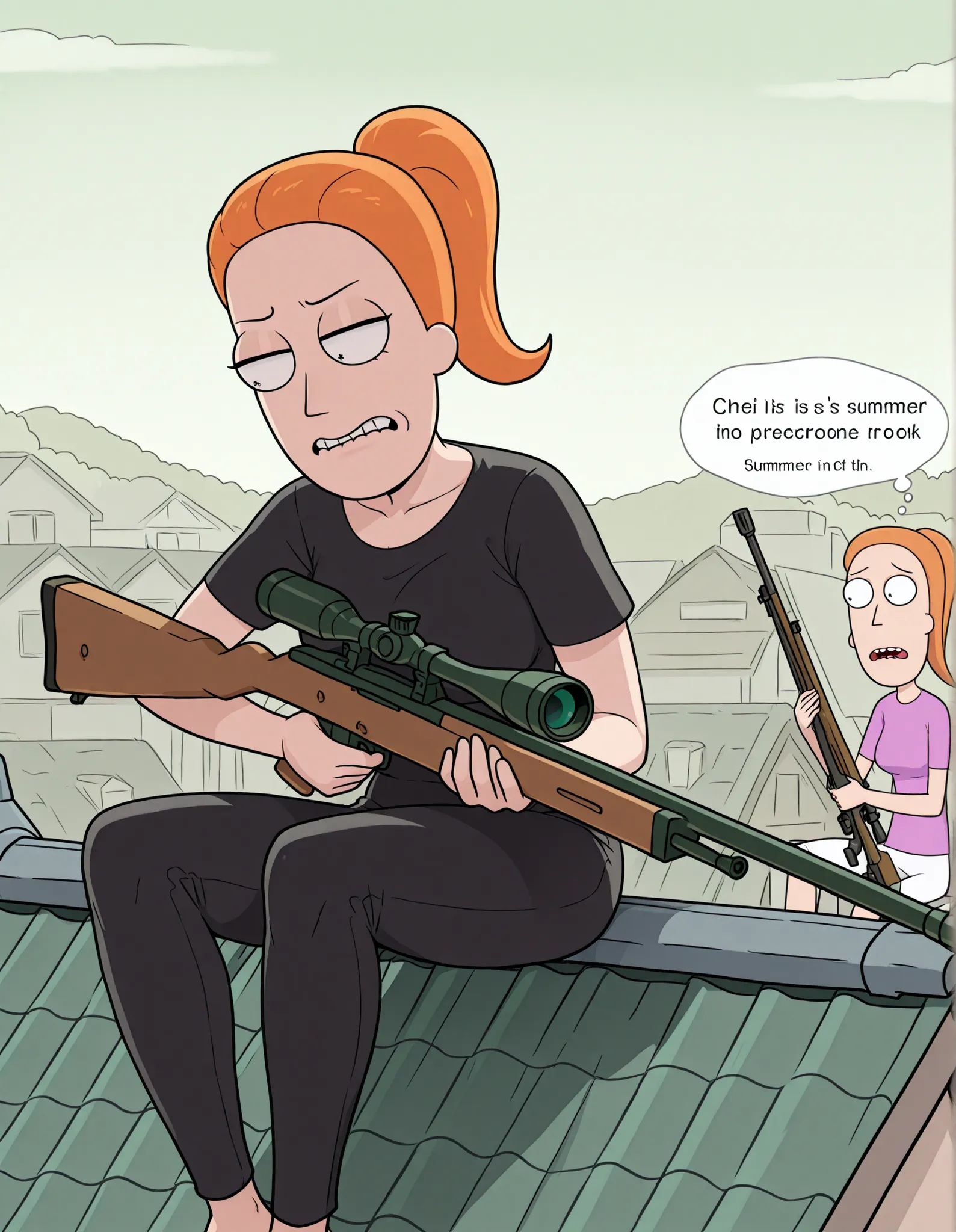 1 girl, Summer Smith holding a wood stock sniper rifle, orange hair,  she is sitting on the roof , examining the rifle, confused expression, cursing and swearing, gritted teeth, suburban background,  black clothes, 