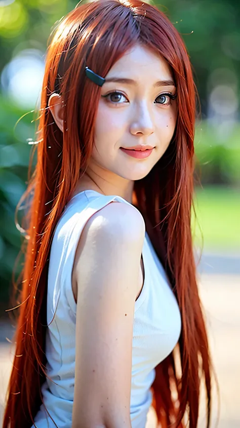 A hyper-realistic portrait of a beautiful young woman inspired by Uzumaki Kushina from Naruto, depicted as if she exists in the real world. She has vibrant bright red hair, long and flowing, with a charming and adorable smile. Her eyes are warm and full of...