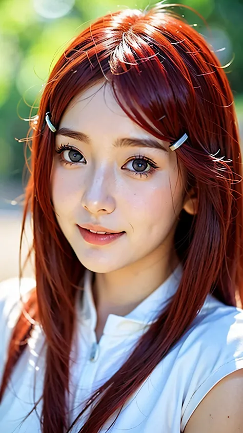 A hyper-realistic portrait of a beautiful young woman inspired by Uzumaki Kushina from Naruto, depicted as if she exists in the real world. She has vibrant bright red hair, long and flowing, with a charming and adorable smile. Her eyes are warm and full of...