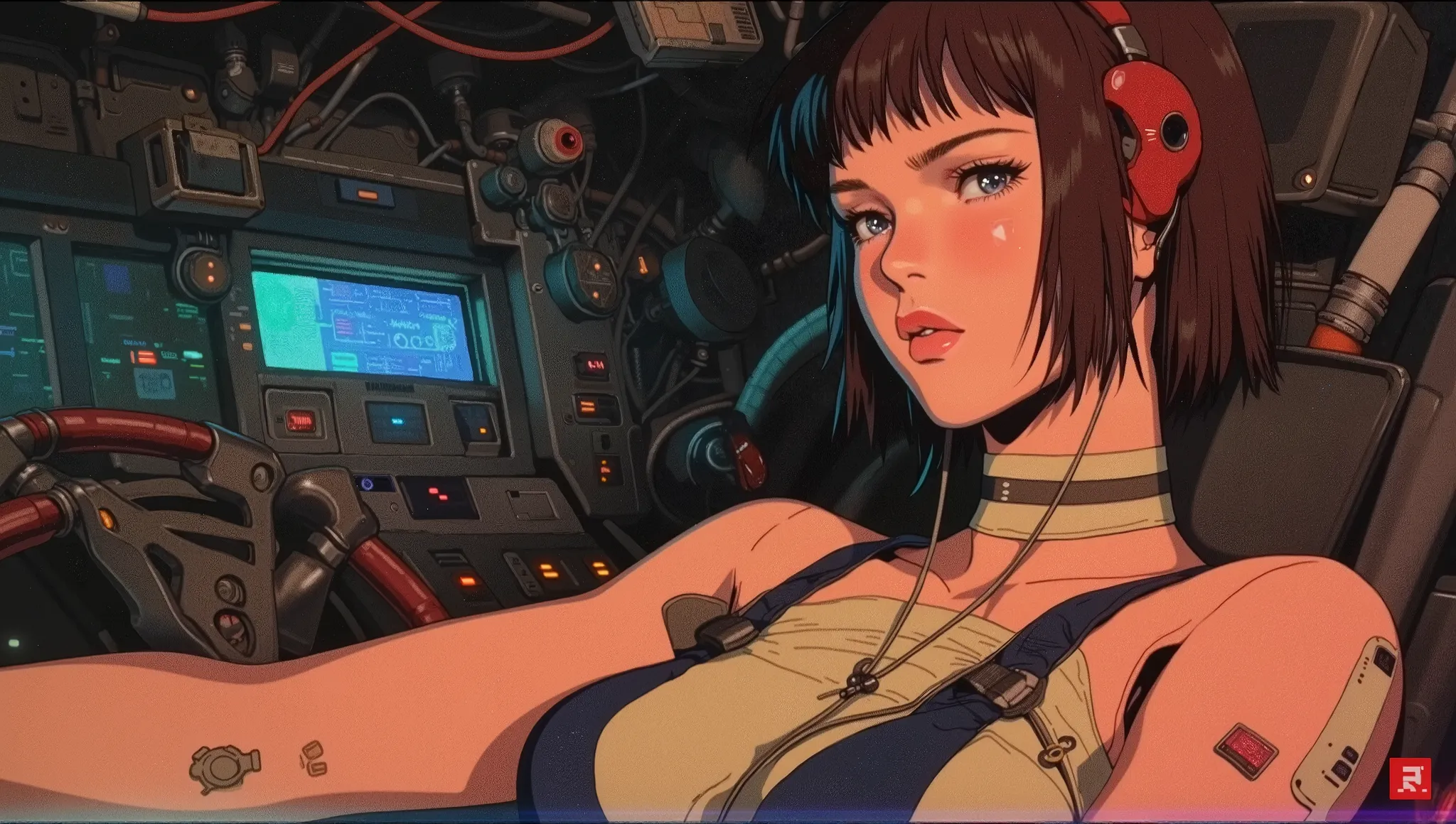 1:1 masterpiece, best quality, amazing quality, latest, very aesthetic, [[ 1 girl, She has an arm with some bionic parts, she is piloting a ship, cyberpunk girl, straight hair, large side bangs, she has some gases swallowed on her body, white bands, the sc...