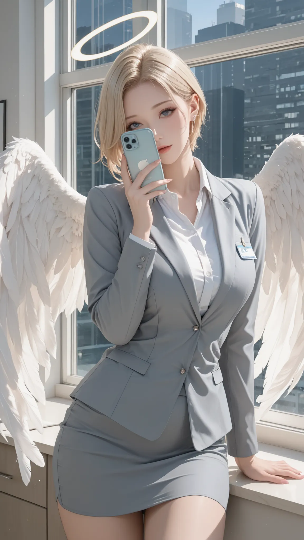 SOLO,A Mature female(Angel),Slim body,Blue eyes,Blond hair,short hair,Wearing a Grey Office Uniform,Angel Hola,Angel Wings,In Office,beside the window,(Using A Cellphone for calling),Indoors,Sunshine,UHD, masterpiece, anatomically correct, super detail, be...