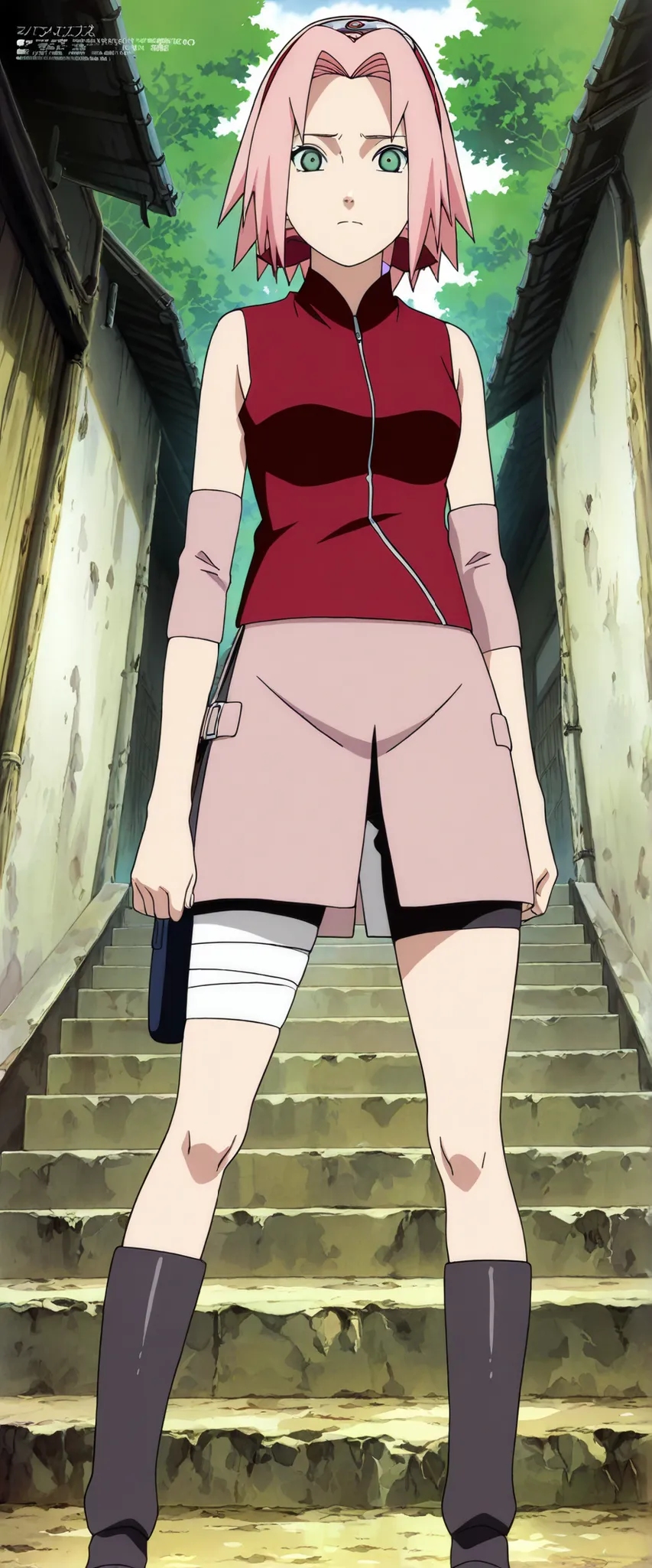 1girl,haruno sakura standing look at the viewer, BREAK pink hair, short hair, red hairband, green eyes, parted bangs, BREAK red sleeveless minidress, zipper, pink miniskirt, bandaged thigh, BREAK medium breasts, beautiful body, beautiful legs , masterpiece...