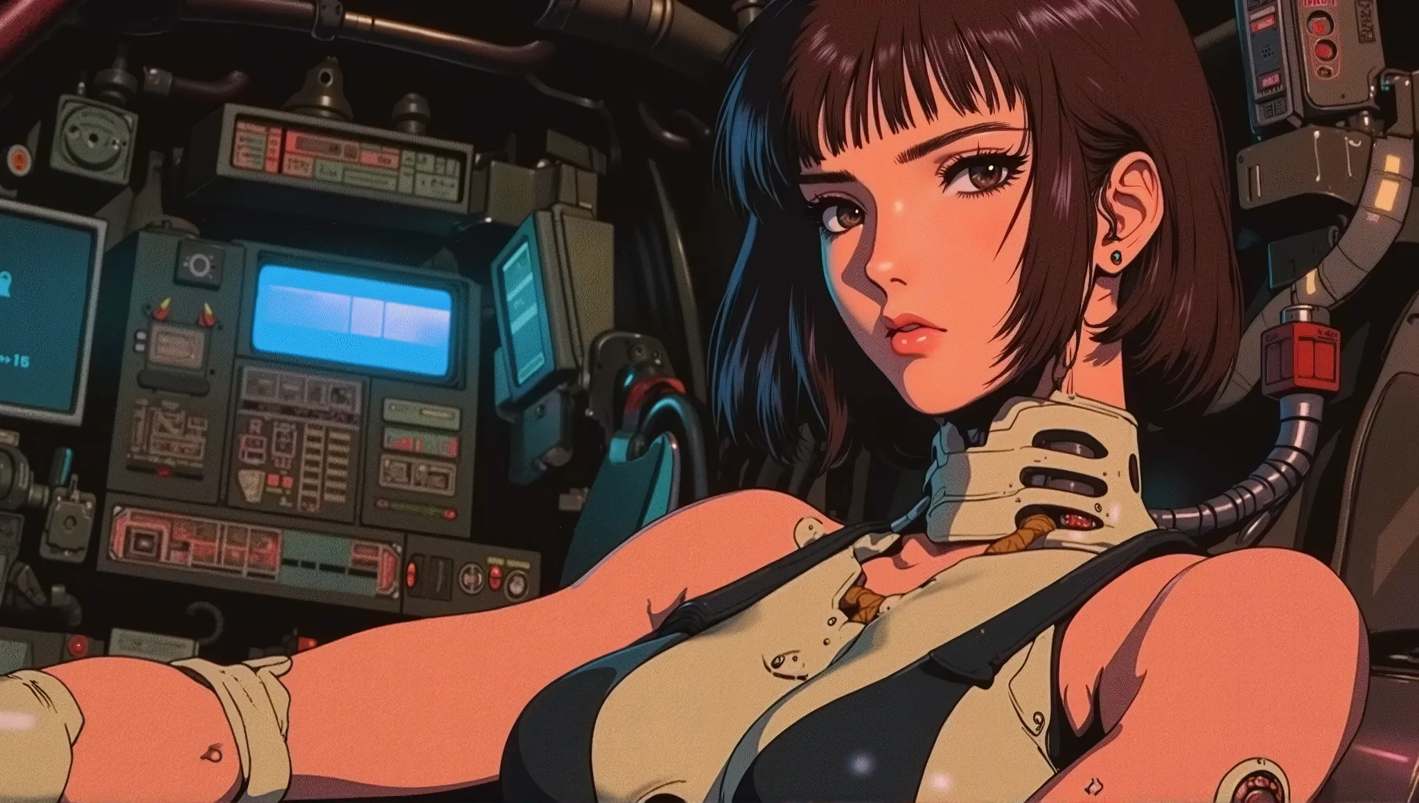 1:1 masterpiece, best quality, amazing quality, latest, very aesthetic, [[ 1 girl, She has an arm with some bionic parts, she is piloting a ship, cyberpunk girl, straight hair, large side bangs, she has some gases swallowed on her body, white bands, the sc...
