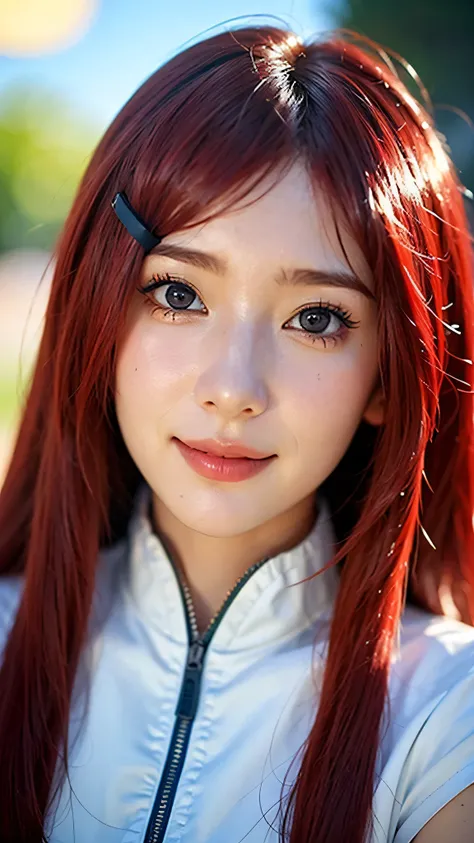 A hyper-realistic portrait of a beautiful young woman inspired by Uzumaki Kushina from Naruto, depicted as if she exists in the real world. She has vibrant bright red hair, long and flowing, with a charming and adorable smile. Her eyes are warm and full of...