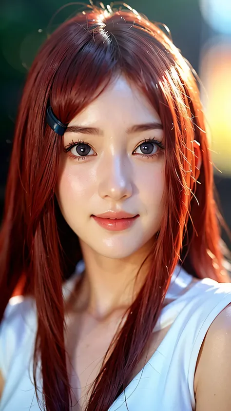 A hyper-realistic portrait of a beautiful young woman inspired by Uzumaki Kushina from Naruto, depicted as if she exists in the real world. She has vibrant bright red hair, long and flowing, with a charming and adorable smile. Her eyes are warm and full of...