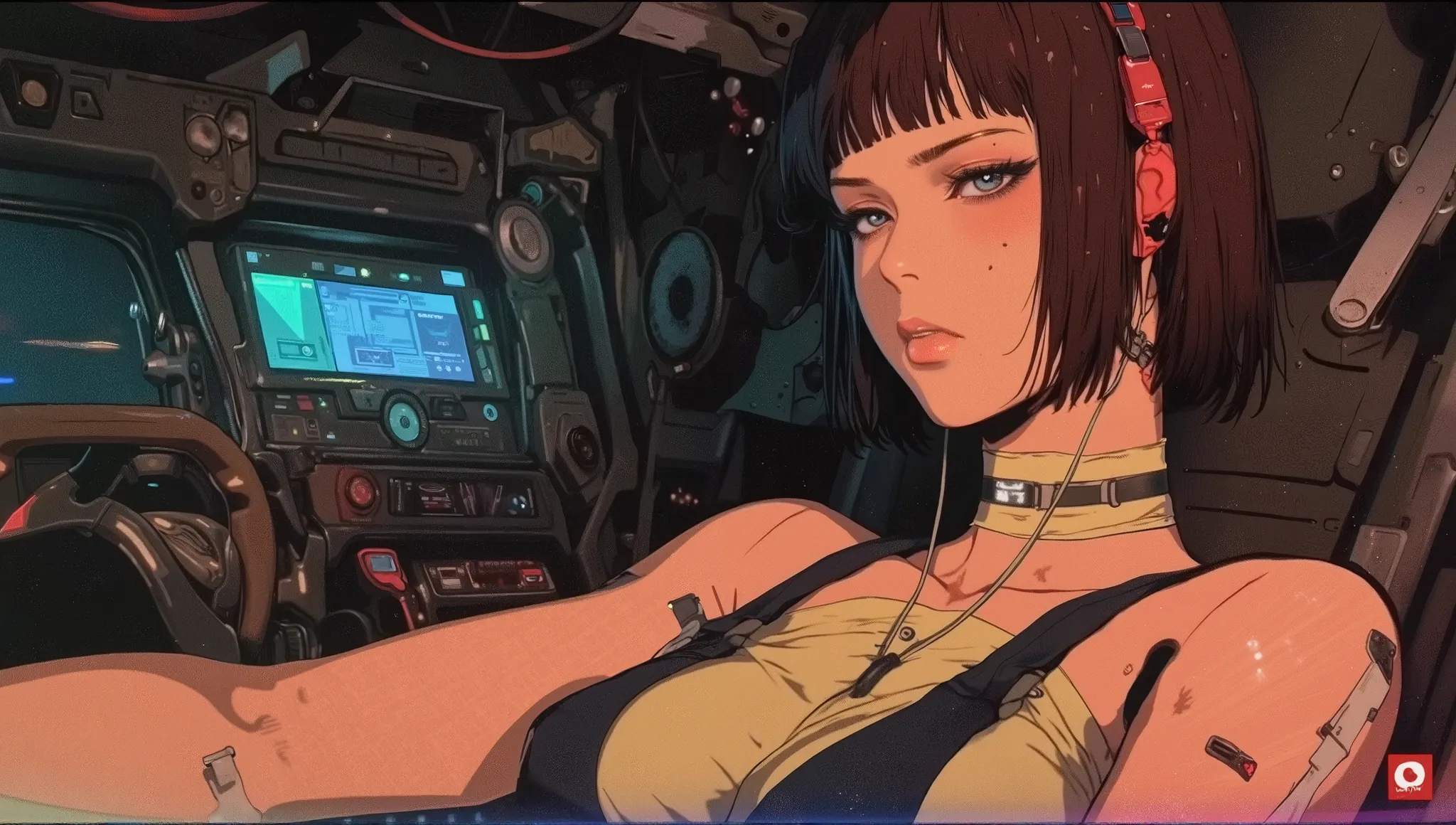1:1 masterpiece, best quality, amazing quality, latest, very aesthetic, [[ 1 girl, She has an arm with some bionic parts, she is piloting a ship, cyberpunk girl, straight hair, large side bangs, she has some gases swallowed on her body, white bands, the sc...