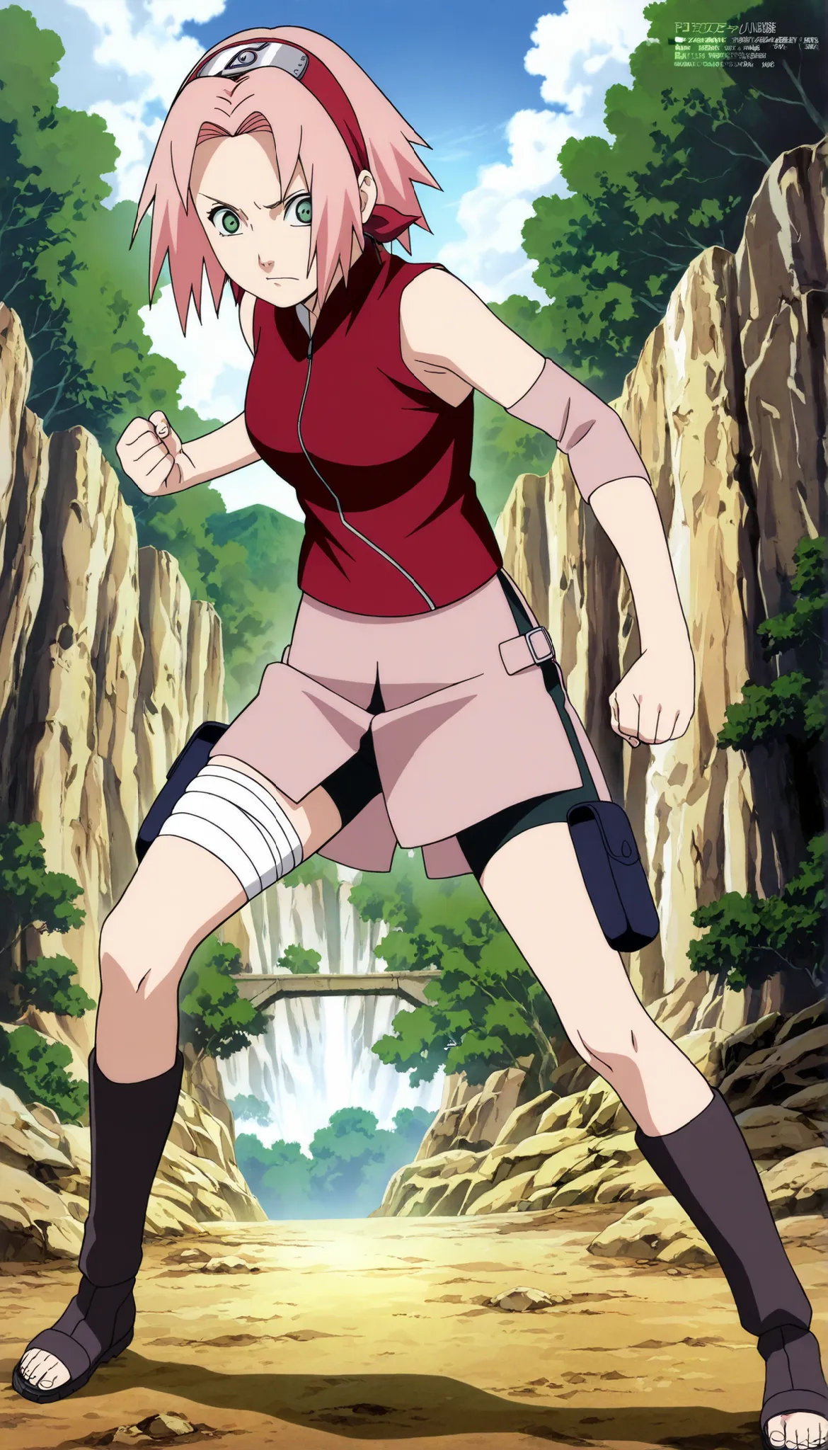 1girl,haruno sakura Fighting posture punching or kick , BREAK pink hair, short hair, red hairband, green eyes, parted bangs, BREAK red sleeveless minidress, zipper, pink miniskirt, bandaged thigh, BREAK medium breasts, beautiful body, beautiful legs , mast...