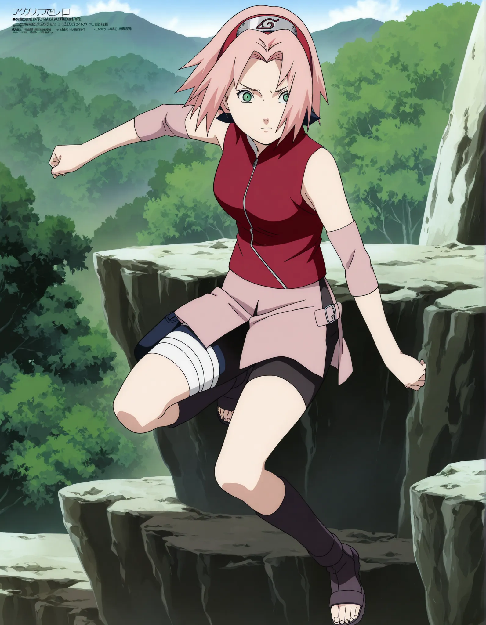 1girl,haruno sakura Ninja Jumping ,full body , BREAK pink hair, short hair, red hairband, green eyes, parted bangs, BREAK red sleeveless minidress, zipper, pink miniskirt, bandaged thigh, BREAK medium breasts, beautiful body, beautiful legs , masterpiece,b...