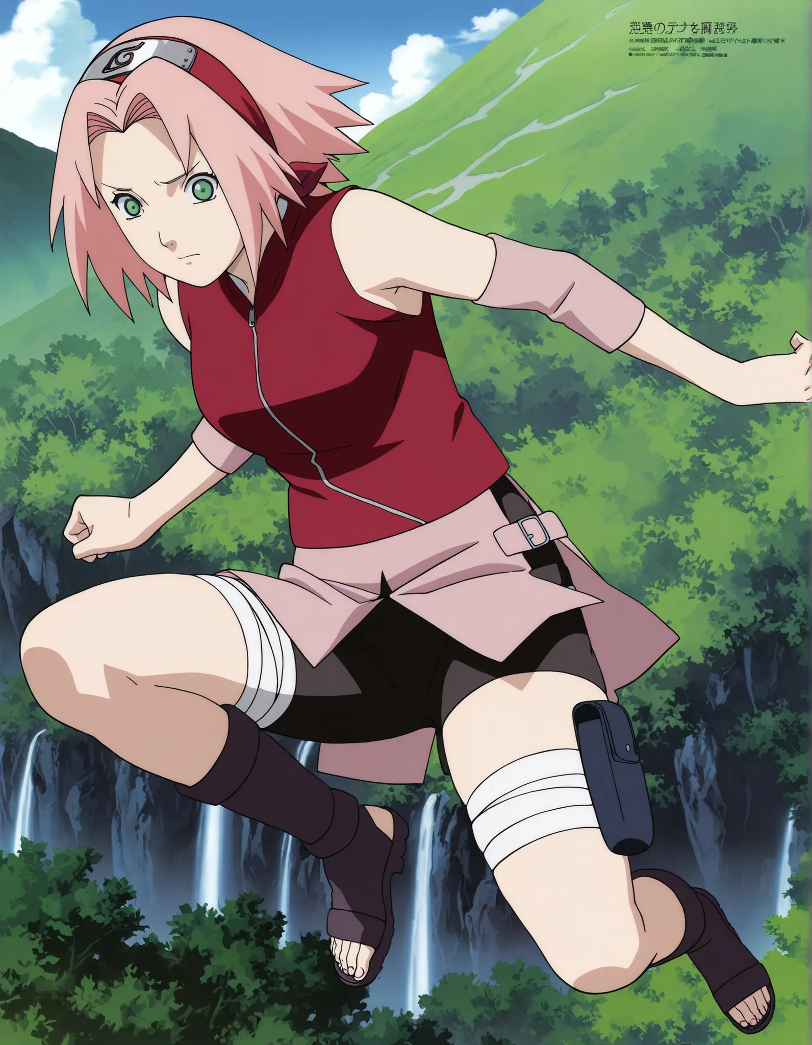 1girl,haruno sakura Ninja Jumping ,full body , BREAK pink hair, short hair, red hairband, green eyes, parted bangs, BREAK red sleeveless minidress, zipper, pink miniskirt, bandaged thigh, BREAK medium breasts, beautiful body, beautiful legs , masterpiece,b...