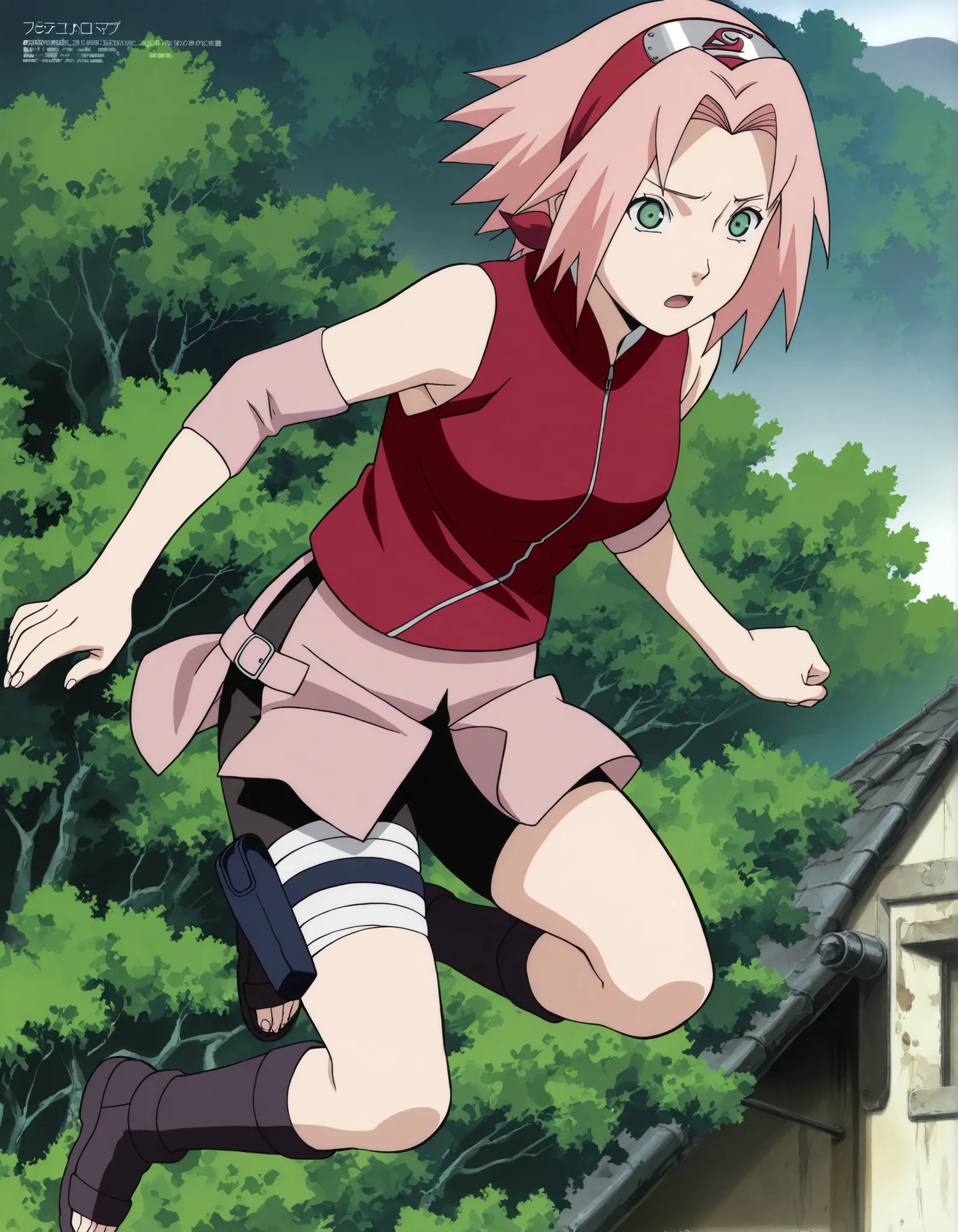 1girl,haruno sakura Ninja Jumping ,full body , BREAK pink hair, short hair, red hairband, green eyes, parted bangs, BREAK red sleeveless minidress, zipper, pink miniskirt, bandaged thigh, BREAK medium breasts, beautiful body, beautiful legs , masterpiece,b...